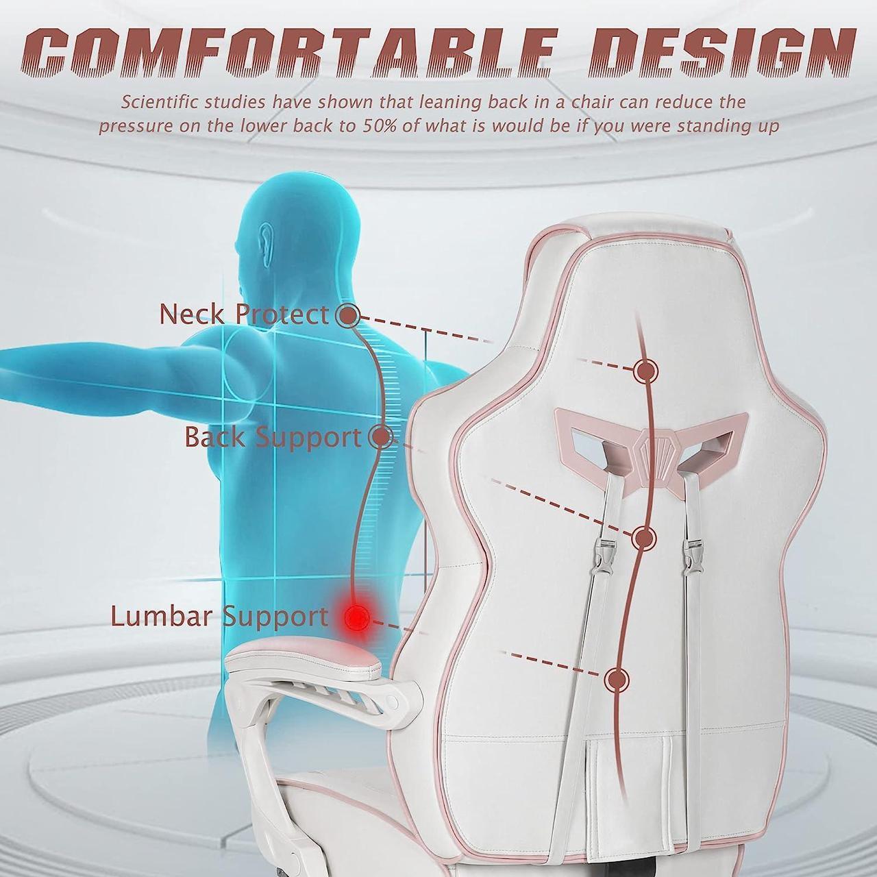 Alt view image 4 of 7 - Vonesse Pink Gaming Chair Gaming Chairs for Adults PC Game Chair for Girls Racing Style Reclining Computer Chair with Footrest Office Swivel Ergonomic Gaming Computer Chair with Massage High Back