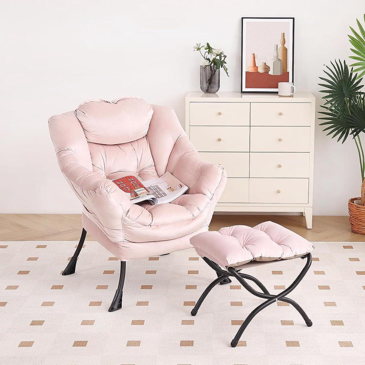 Alt view image 2 of 7 - Furlide Lazy Chair with Ottoman, Modern Chair with Folding Footrest, Lounge Accent Chair, Comfortable Reading Chair, Oversized Armchairs for Bedroom, Study, Living Room, Courtyard (Pink)