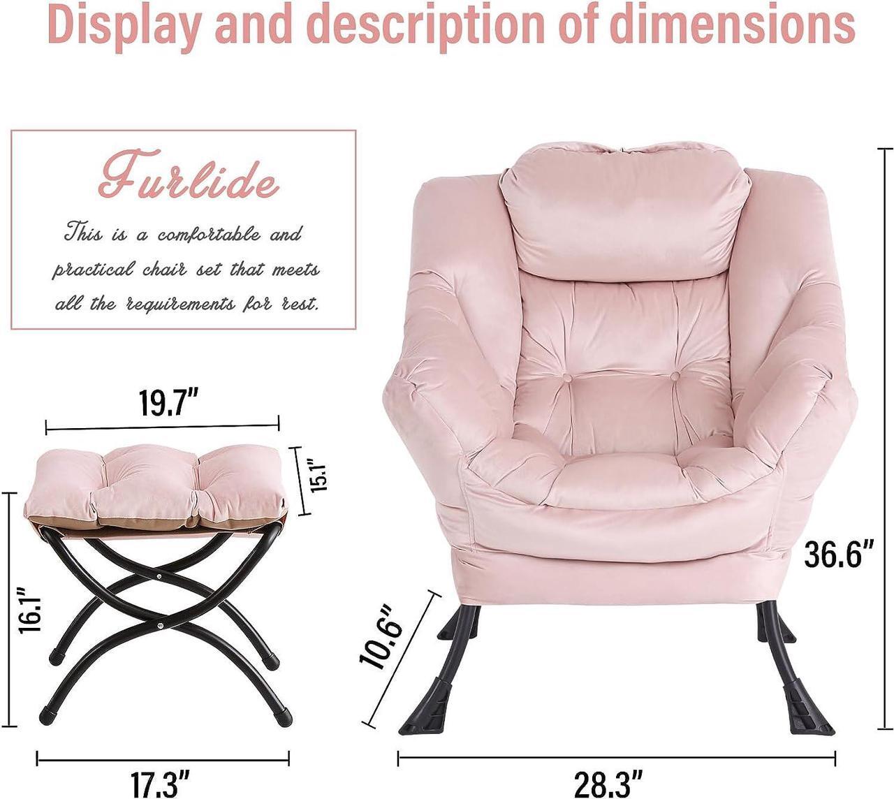 Alt view image 3 of 7 - Furlide Lazy Chair with Ottoman, Modern Chair with Folding Footrest, Lounge Accent Chair, Comfortable Reading Chair, Oversized Armchairs for Bedroom, Study, Living Room, Courtyard (Pink)