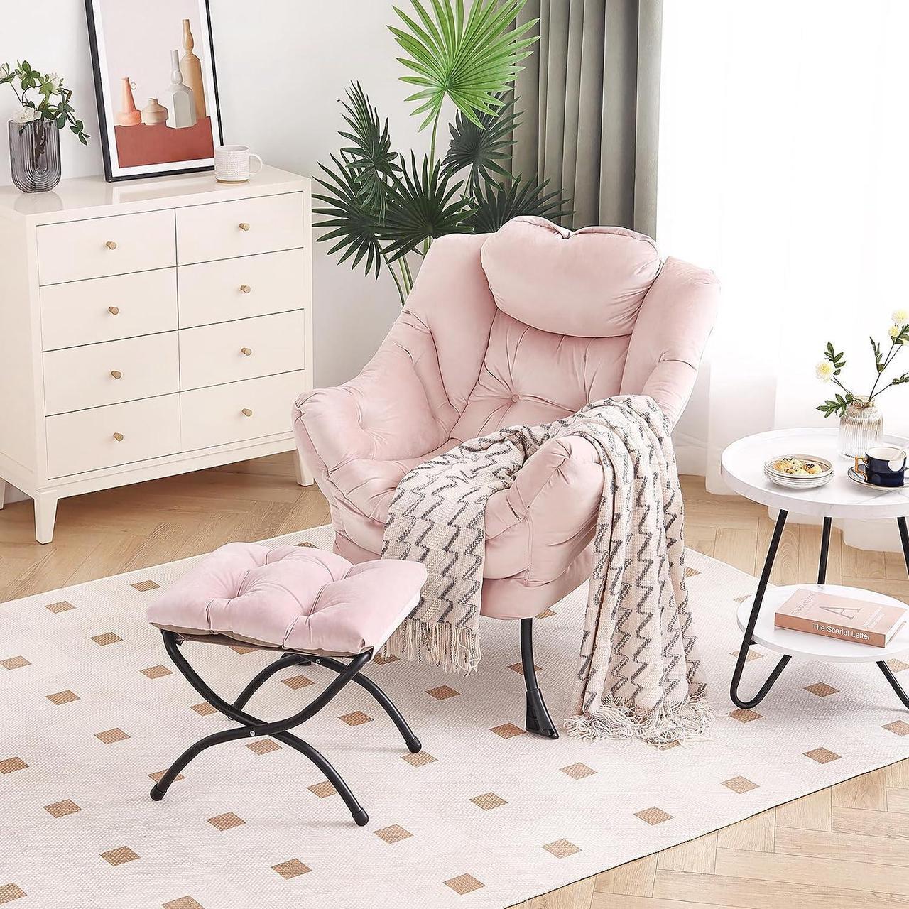 Alt view image 7 of 7 - Furlide Lazy Chair with Ottoman, Modern Chair with Folding Footrest, Lounge Accent Chair, Comfortable Reading Chair, Oversized Armchairs for Bedroom, Study, Living Room, Courtyard (Pink)