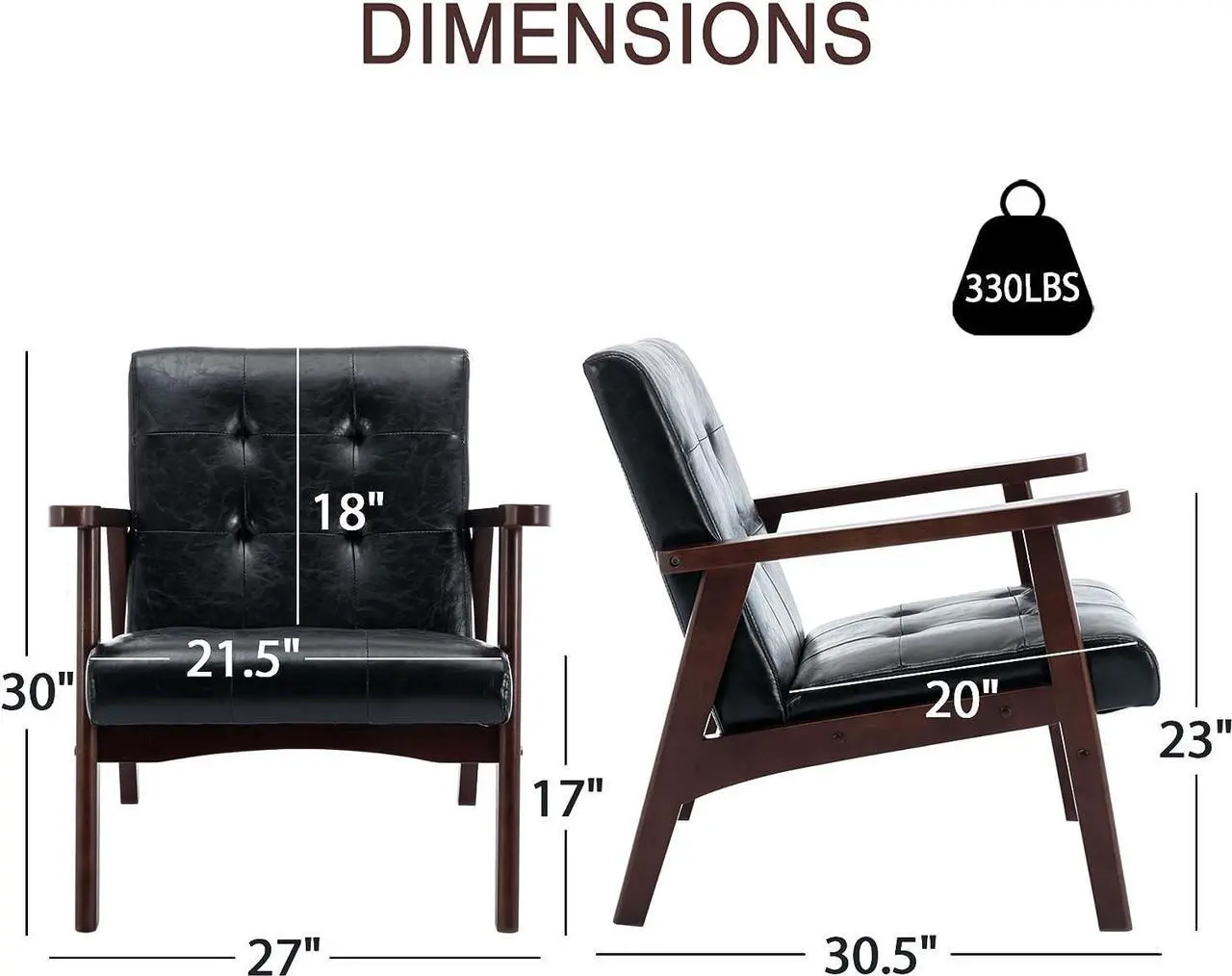 Alt view image 2 of 7 - Bonzy Home Black Accent Chair,Faux Leather Mid Century Modern Chairs for Living Room, Upholstered Armchair Comfy Retro Bedroom Side Chair with Solid Wood Frame, Black