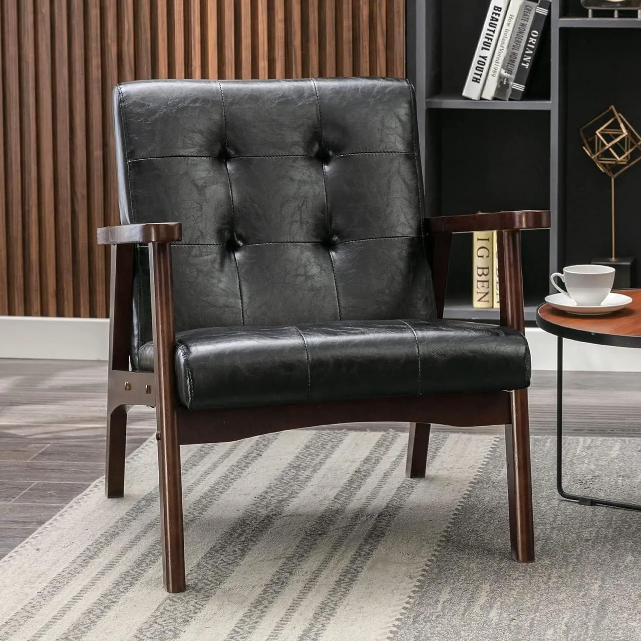 Main image of Bonzy Home Black Accent Chair,Faux Leather Mid Century Modern Chairs for Living Room, Upholstered Armchair Comfy Retro Bedroom Side Chair with Solid Wood Frame, Black