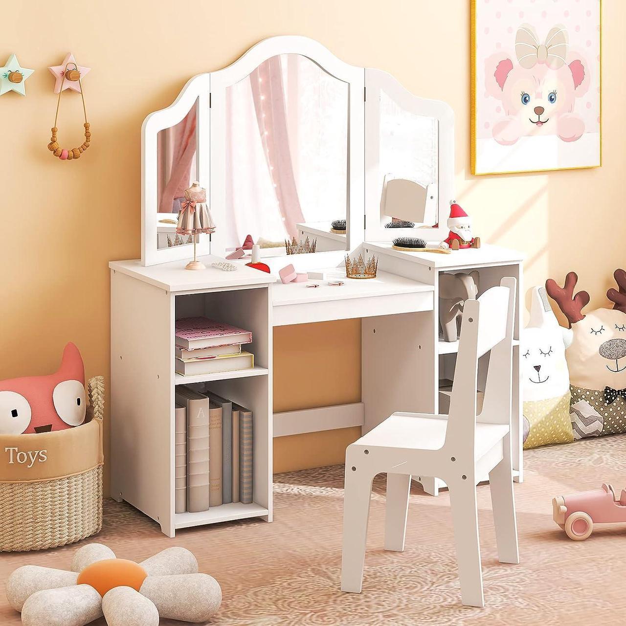 Main image of Costzon Kids Vanity, 2 in 1 Princess Makeup Desk & Chair Set with Detachable Tri-Folding Mirror, Storage Shelves, Wooden Toddler Vanity Dressing Table, Pretend Play Vanity Set for Little Girls (White)
