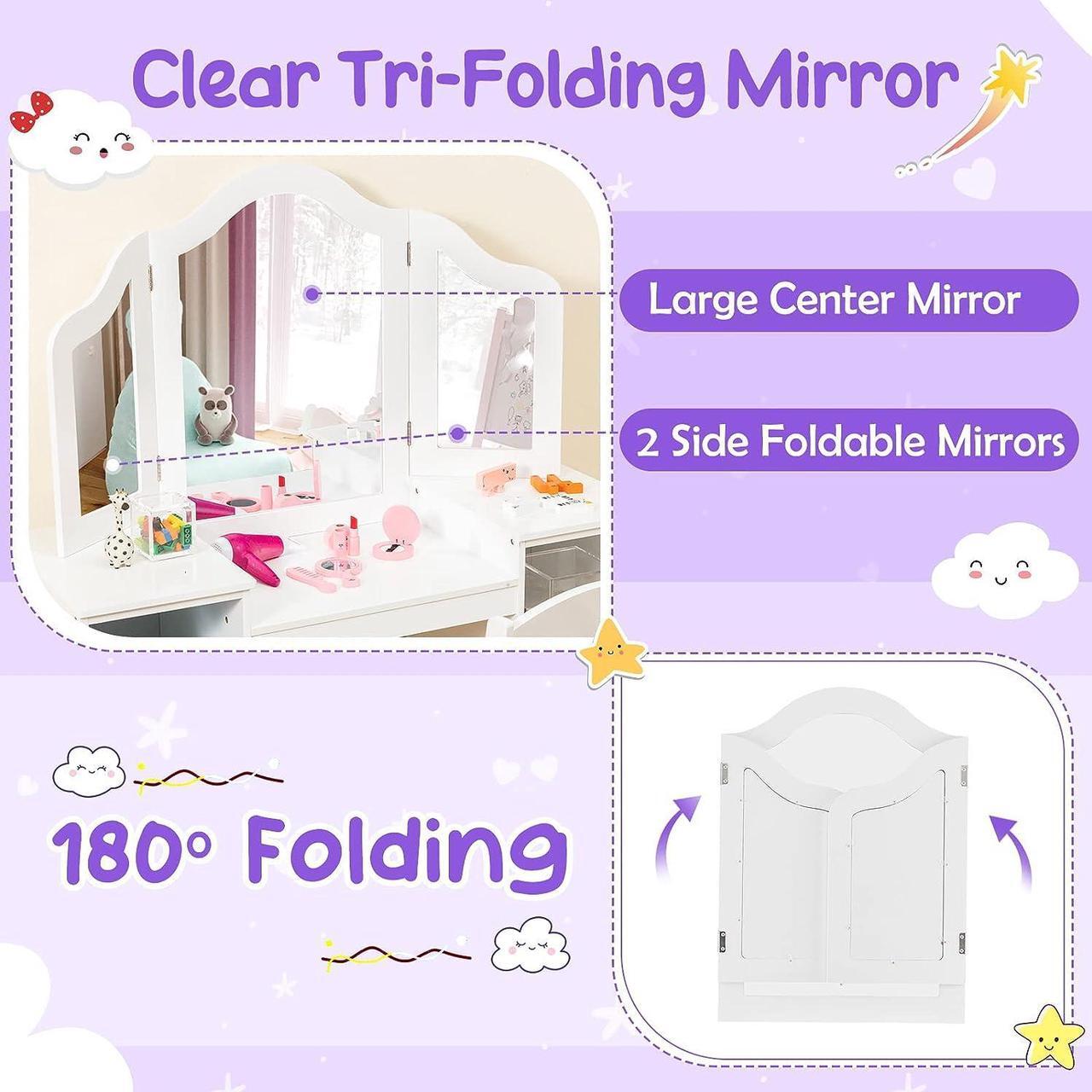 Alt view image 3 of 7 - Costzon Kids Vanity, 2 in 1 Princess Makeup Desk & Chair Set with Detachable Tri-Folding Mirror, Storage Shelves, Wooden Toddler Vanity Dressing Table, Pretend Play Vanity Set for Little Girls (White)