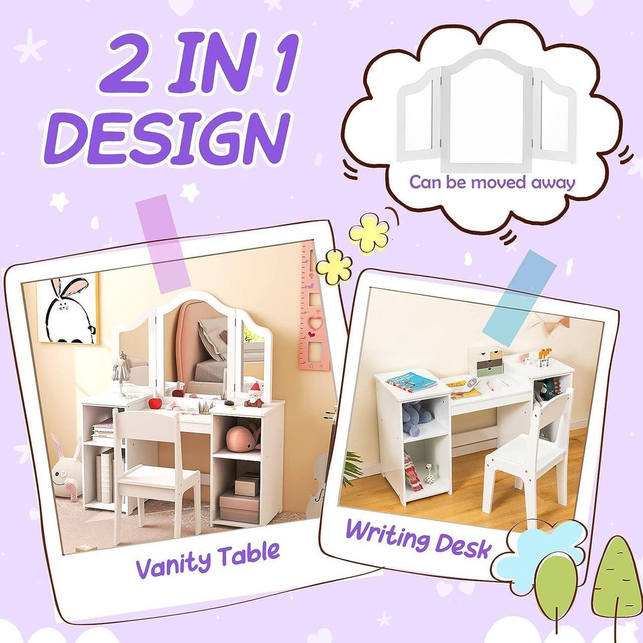 Alt view image 2 of 7 - Costzon Kids Vanity, 2 in 1 Princess Makeup Desk & Chair Set with Detachable Tri-Folding Mirror, Storage Shelves, Wooden Toddler Vanity Dressing Table, Pretend Play Vanity Set for Little Girls (White)