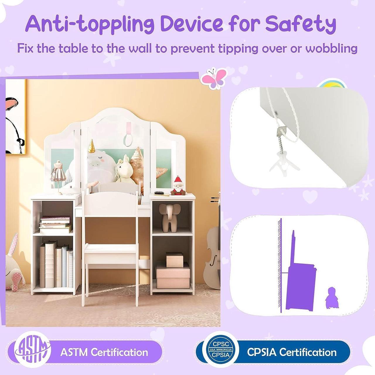 Alt view image 5 of 7 - Costzon Kids Vanity, 2 in 1 Princess Makeup Desk & Chair Set with Detachable Tri-Folding Mirror, Storage Shelves, Wooden Toddler Vanity Dressing Table, Pretend Play Vanity Set for Little Girls (White)