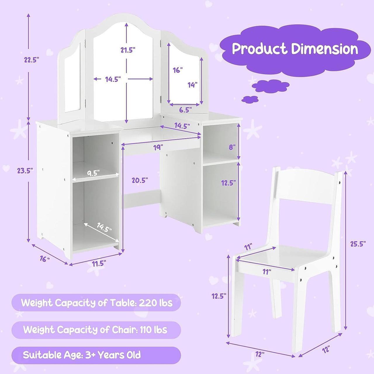 Alt view image 6 of 7 - Costzon Kids Vanity, 2 in 1 Princess Makeup Desk & Chair Set with Detachable Tri-Folding Mirror, Storage Shelves, Wooden Toddler Vanity Dressing Table, Pretend Play Vanity Set for Little Girls (White)