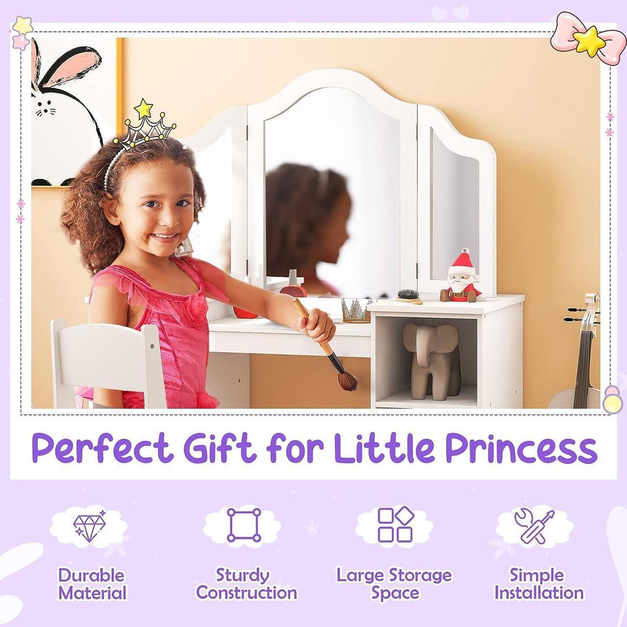 Alt view image 7 of 7 - Costzon Kids Vanity, 2 in 1 Princess Makeup Desk & Chair Set with Detachable Tri-Folding Mirror, Storage Shelves, Wooden Toddler Vanity Dressing Table, Pretend Play Vanity Set for Little Girls (White)