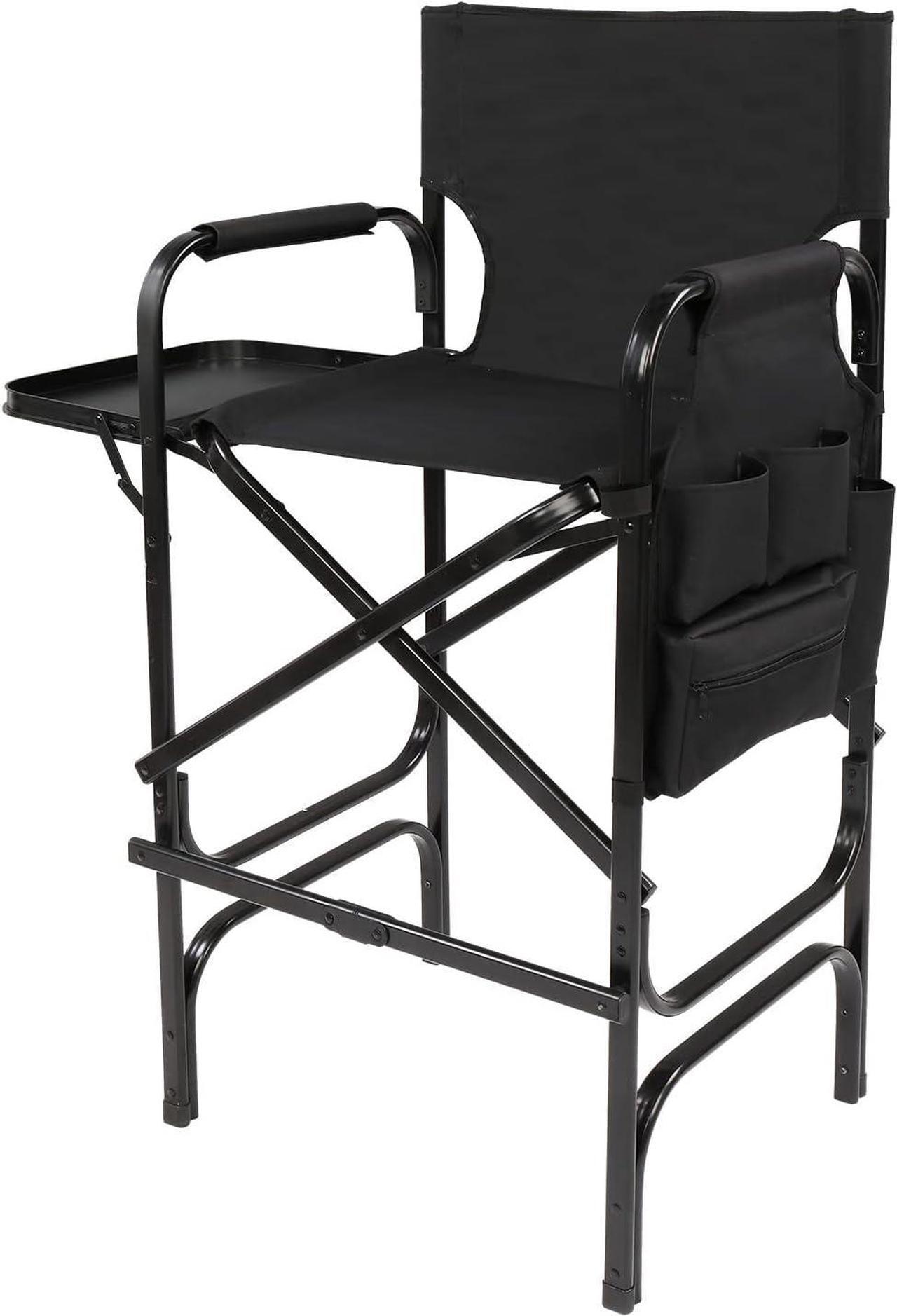 Main image of OmySalon 31" Tall Directors Chair Black Folding with Side Table Storage Bag,Aluminum Frame 300 lbs Capacity, 33.8" L x 19.2" W x 45.6" H,Portable Makeup Artist Bar Height