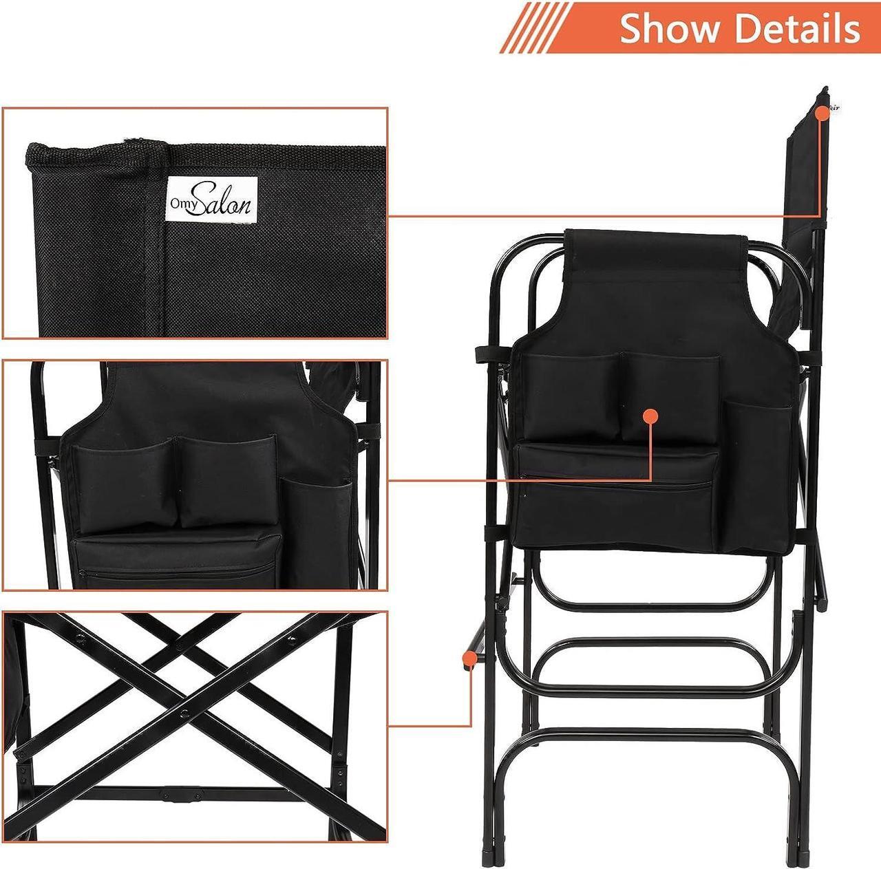 Alt view image 4 of 7 - OmySalon 31" Tall Directors Chair Black Folding with Side Table Storage Bag,Aluminum Frame 300 lbs Capacity, 33.8" L x 19.2" W x 45.6" H,Portable Makeup Artist Bar Height