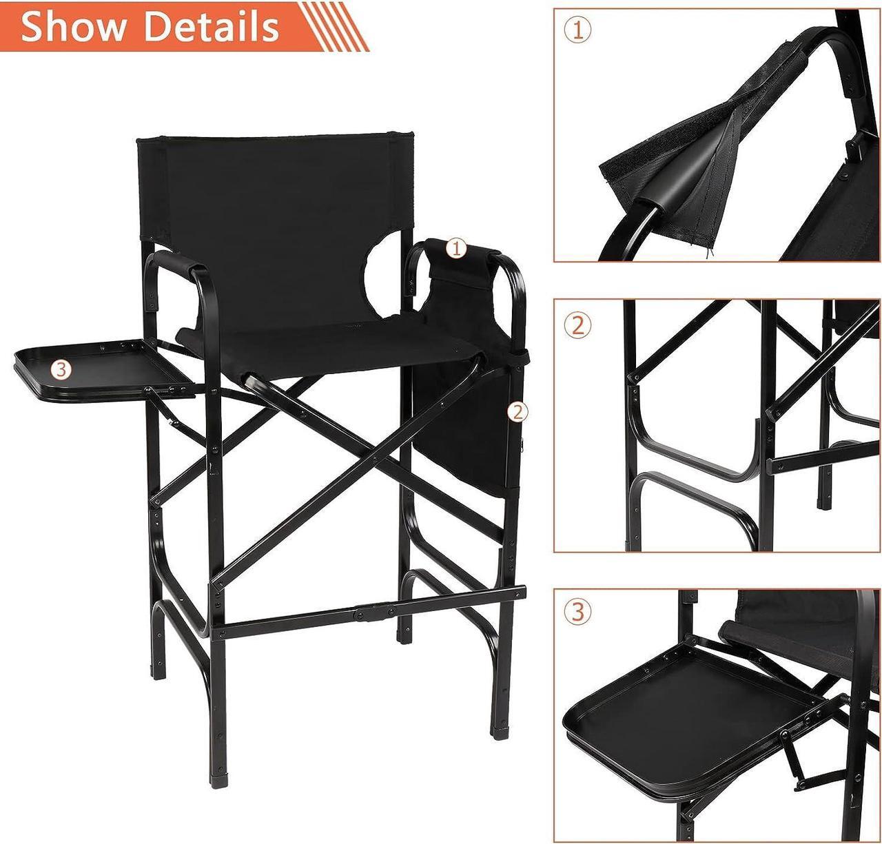 Alt view image 7 of 7 - OmySalon 31" Tall Directors Chair Black Folding with Side Table Storage Bag,Aluminum Frame 300 lbs Capacity, 33.8" L x 19.2" W x 45.6" H,Portable Makeup Artist Bar Height