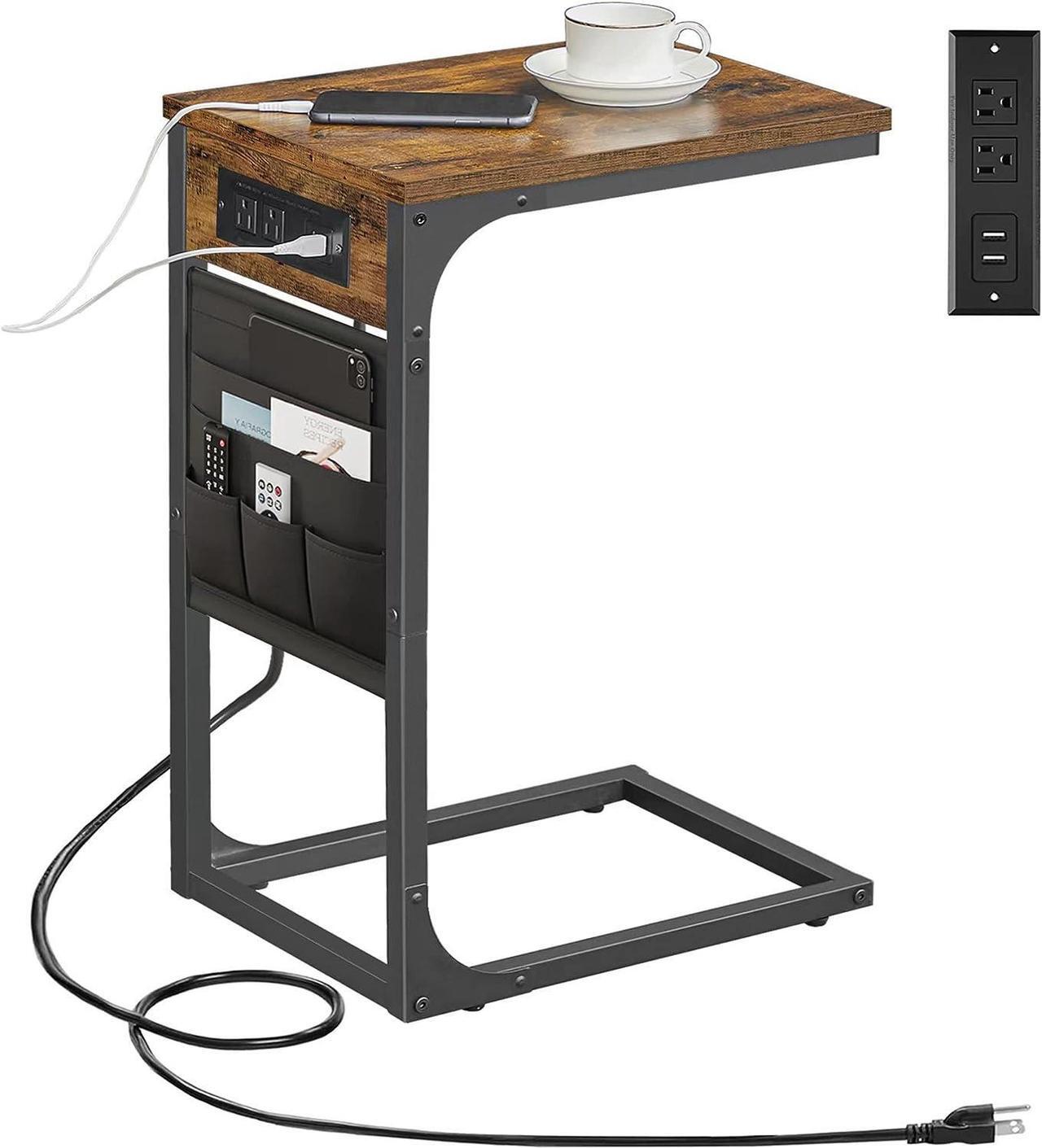 Main image of Slim End Table with Charging Station, Side Table with 2 USB Ports and Outlets, C-Shaped Snack Table with Cloth Bag, TV Tray Table, Couch Table TB01BB024, Welcome to consult