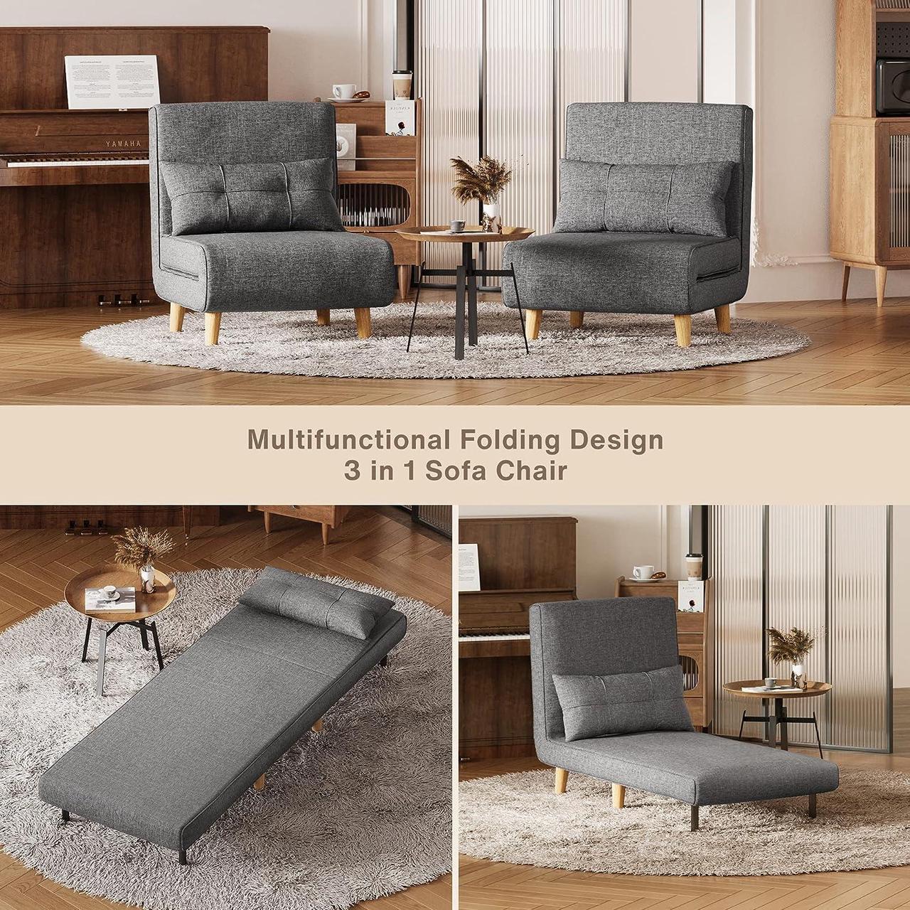 Alt view image 4 of 7 - Aiho 3 in 1 Sleeper Chair Bed, Convertible Chair Bed Futon Sofa Bed with Adjustable Backrest, Accent Chair for Apartment/Bedroom/Office, Dark Grey