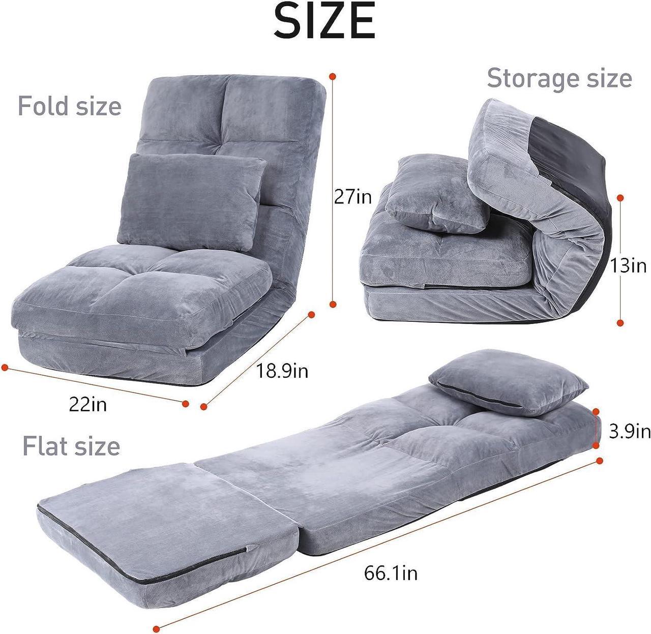 Alt view image 3 of 7 - Indoor Chaise Lounge Sofa, Floor Chair with Back Support for Adults, 14 Angle Adjustment Recliner Chair, Folding Floor Lounger with Pillow 8823(Grey)