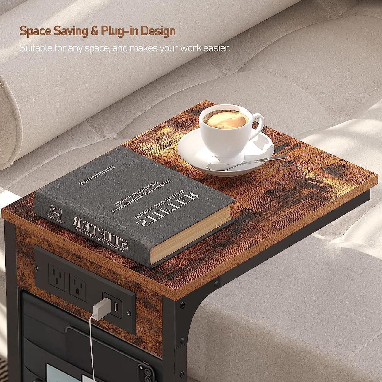 Alt view image 4 of 7 - Slim End Table with Charging Station, Side Table with 2 USB Ports and Outlets, C-Shaped Snack Table with Cloth Bag, TV Tray Table, Couch Table TB01BB024, Welcome to consult
