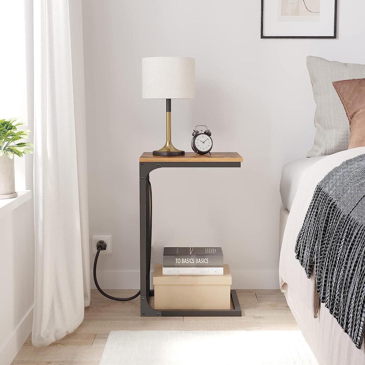 Alt view image 5 of 7 - Slim End Table with Charging Station, Side Table with 2 USB Ports and Outlets, C-Shaped Snack Table with Cloth Bag, TV Tray Table, Couch Table TB01BB024, Welcome to consult