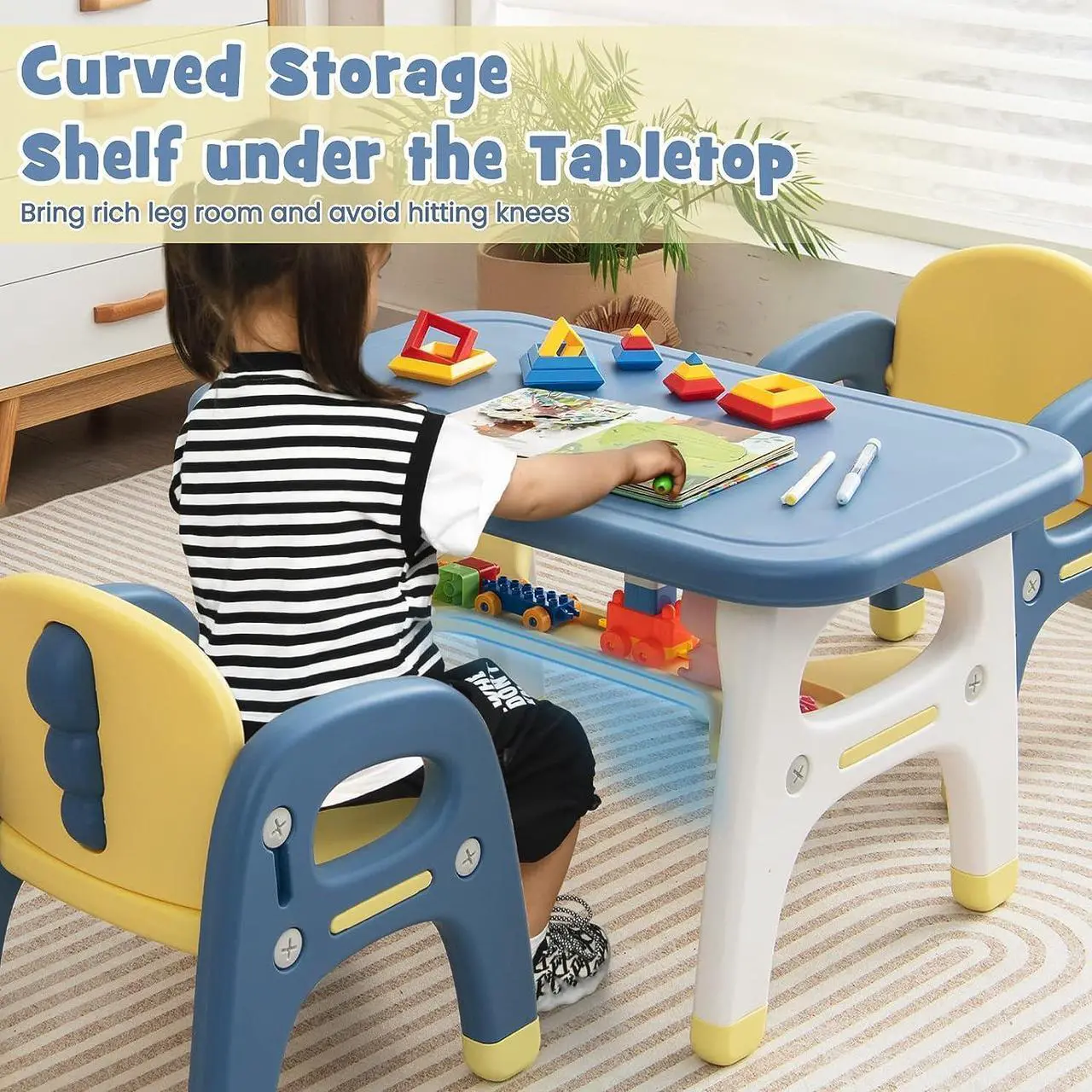 Alt view image 2 of 7 - Costzon Kids Table and Chair Set w/Montessori Toys, Kids Activity Table w/Storage Shelf, Building Blocks, Cute Dinosaur Shape Chair, Easy to Clean, Preschool, Kindergarten (Table and 2 Chairs)