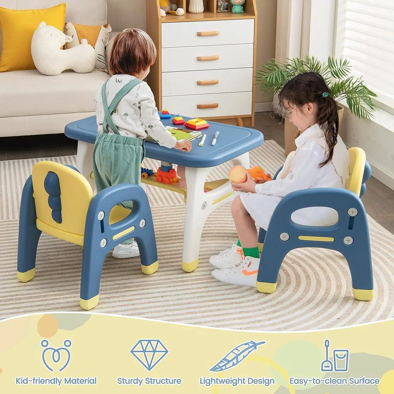 Alt view image 7 of 7 - Costzon Kids Table and Chair Set w/Montessori Toys, Kids Activity Table w/Storage Shelf, Building Blocks, Cute Dinosaur Shape Chair, Easy to Clean, Preschool, Kindergarten (Table and 2 Chairs)