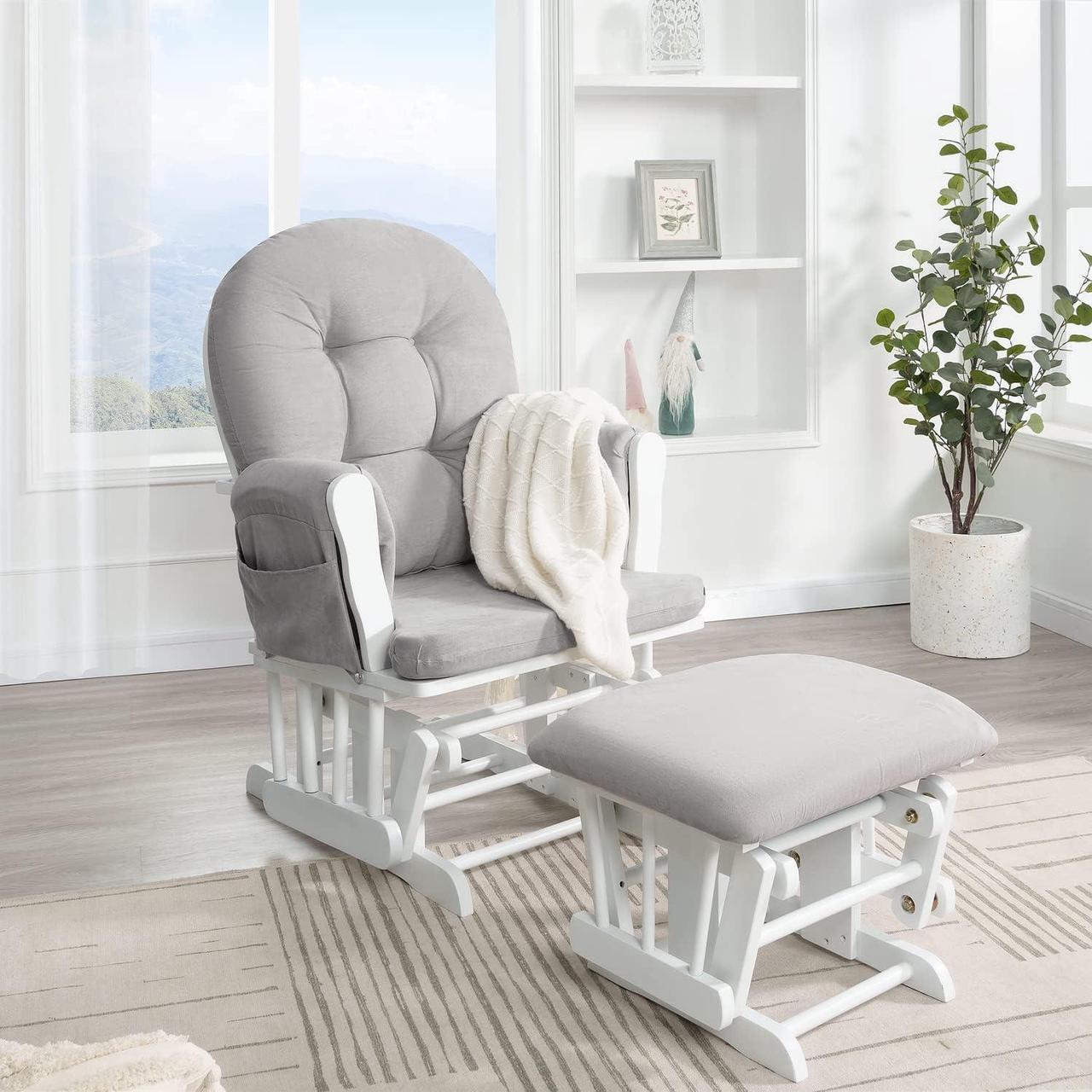 Main image of Brisbane Nursery Glider & Ottoman Sets, Glider Recliner Nursery Rocking Chair, Nursery Glider Rocker with Ottoman, Reclining Gliders & Chairs for Breastfeeding, Maternity, Napping - White/Gray