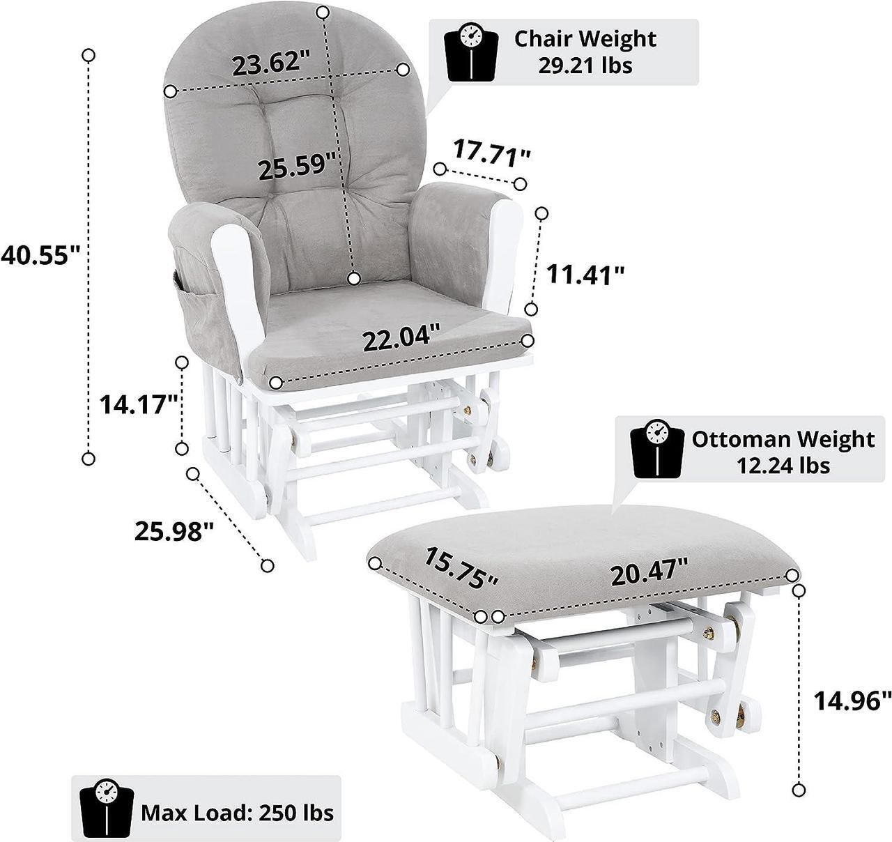 Alt view image 2 of 7 - Brisbane Nursery Glider & Ottoman Sets, Glider Recliner Nursery Rocking Chair, Nursery Glider Rocker with Ottoman, Reclining Gliders & Chairs for Breastfeeding, Maternity, Napping - White/Gray