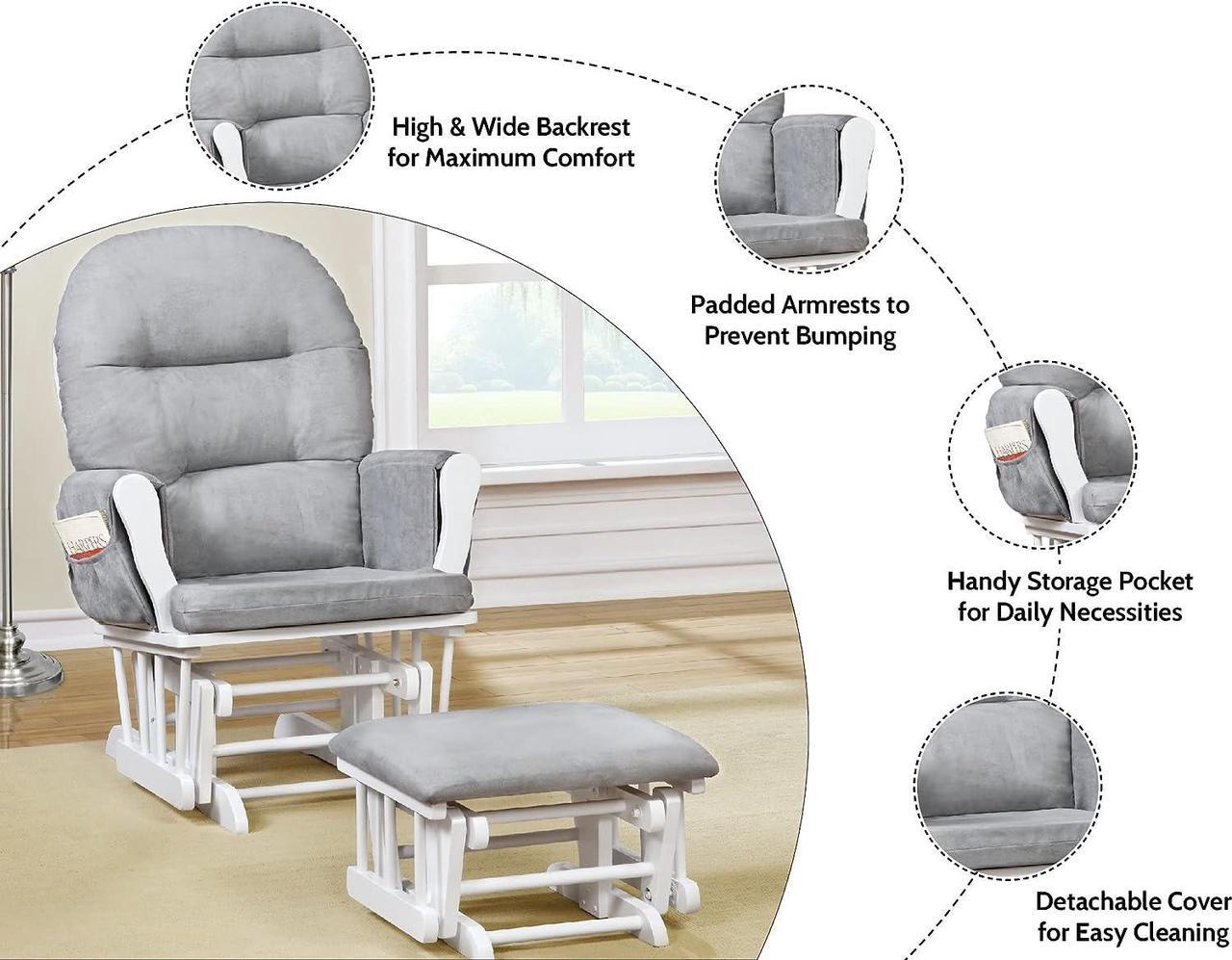Alt view image 3 of 7 - Brisbane Nursery Glider & Ottoman Sets, Glider Recliner Nursery Rocking Chair, Nursery Glider Rocker with Ottoman, Reclining Gliders & Chairs for Breastfeeding, Maternity, Napping - White/Gray