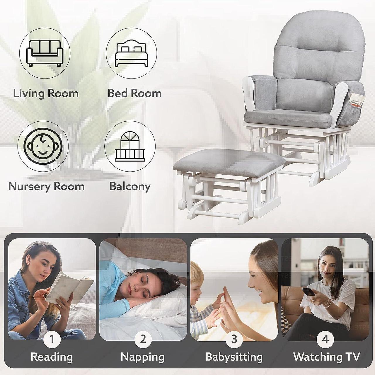 Alt view image 6 of 7 - Brisbane Nursery Glider & Ottoman Sets, Glider Recliner Nursery Rocking Chair, Nursery Glider Rocker with Ottoman, Reclining Gliders & Chairs for Breastfeeding, Maternity, Napping - White/Gray