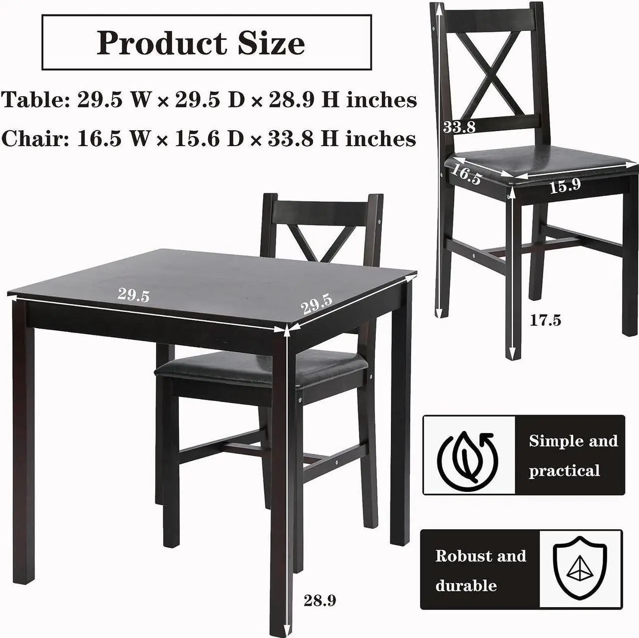 Alt view image 7 of 7 - Hudada Kitchen Table Set 3 Piece Dining Table Set Sturdy Wooden Square Table and Chair Breakfast Table Set for 2 Person, Small Dining Room Table Set for Restaurant Home Kitchen Living Room, Brown