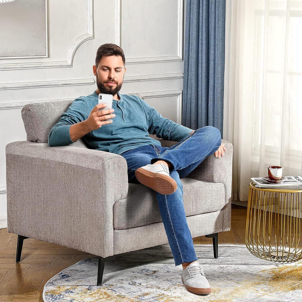 Alt view image 3 of 7 - CDCASA Accent Chair, Linen Fabric Oversized Mid Century Modern Chair Set of 1, Comfy Upholstered Armchair Reading Accent Chairs Sofa Chairs for Bedroom Living Room, Light Brown