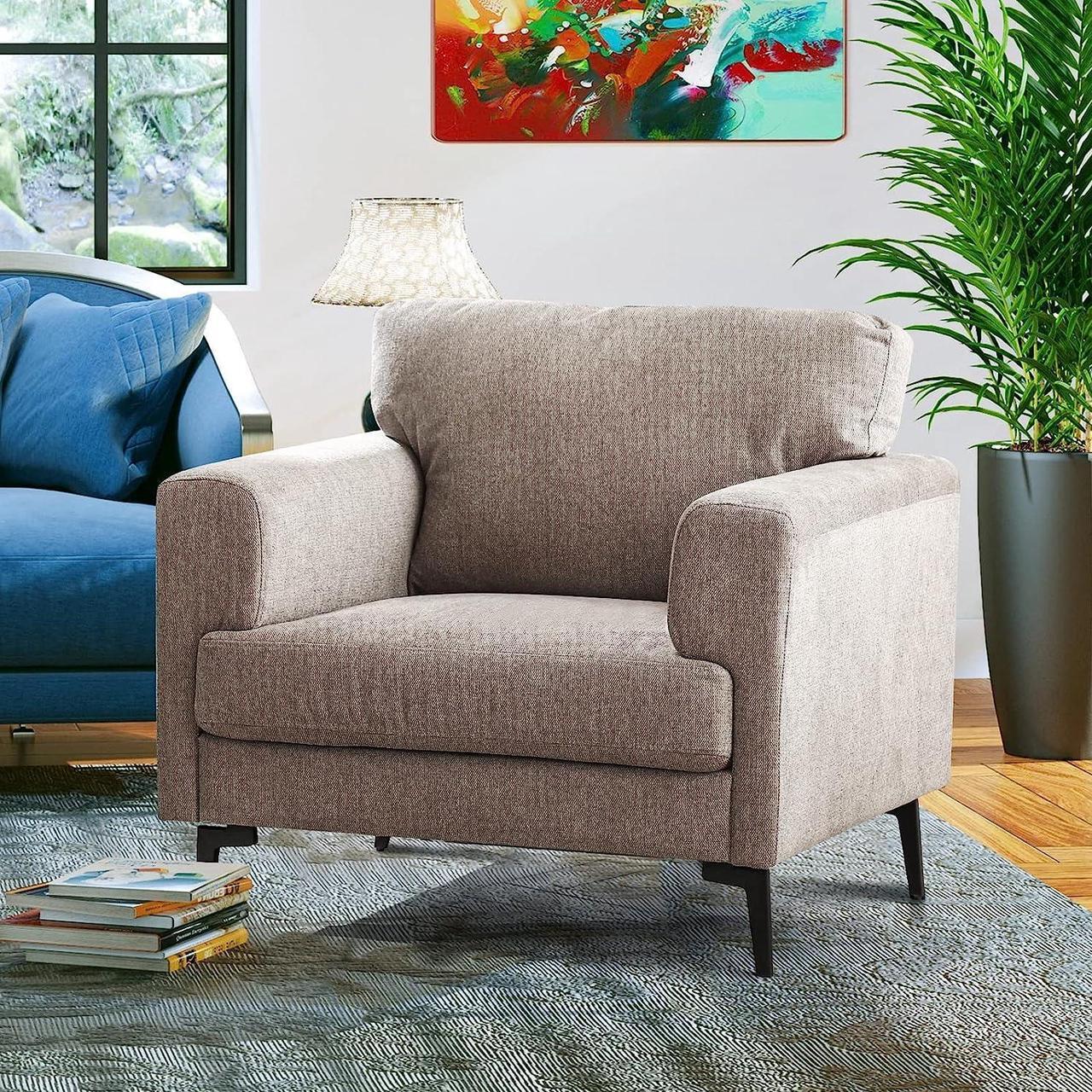 Alt view image 7 of 7 - CDCASA Accent Chair, Linen Fabric Oversized Mid Century Modern Chair Set of 1, Comfy Upholstered Armchair Reading Accent Chairs Sofa Chairs for Bedroom Living Room, Light Brown