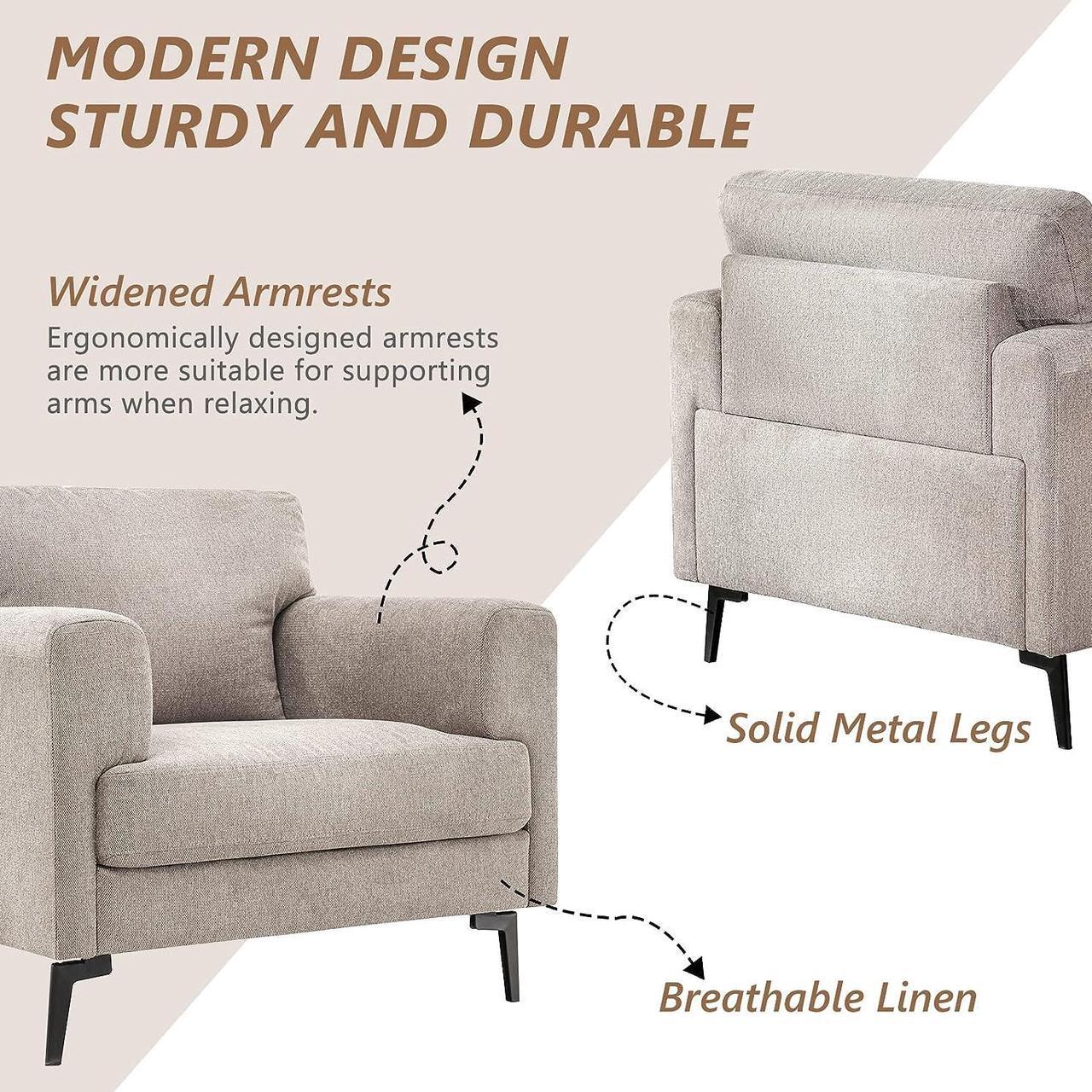 Alt view image 6 of 7 - CDCASA Accent Chair, Linen Fabric Oversized Mid Century Modern Chair Set of 1, Comfy Upholstered Armchair Reading Accent Chairs Sofa Chairs for Bedroom Living Room, Light Brown