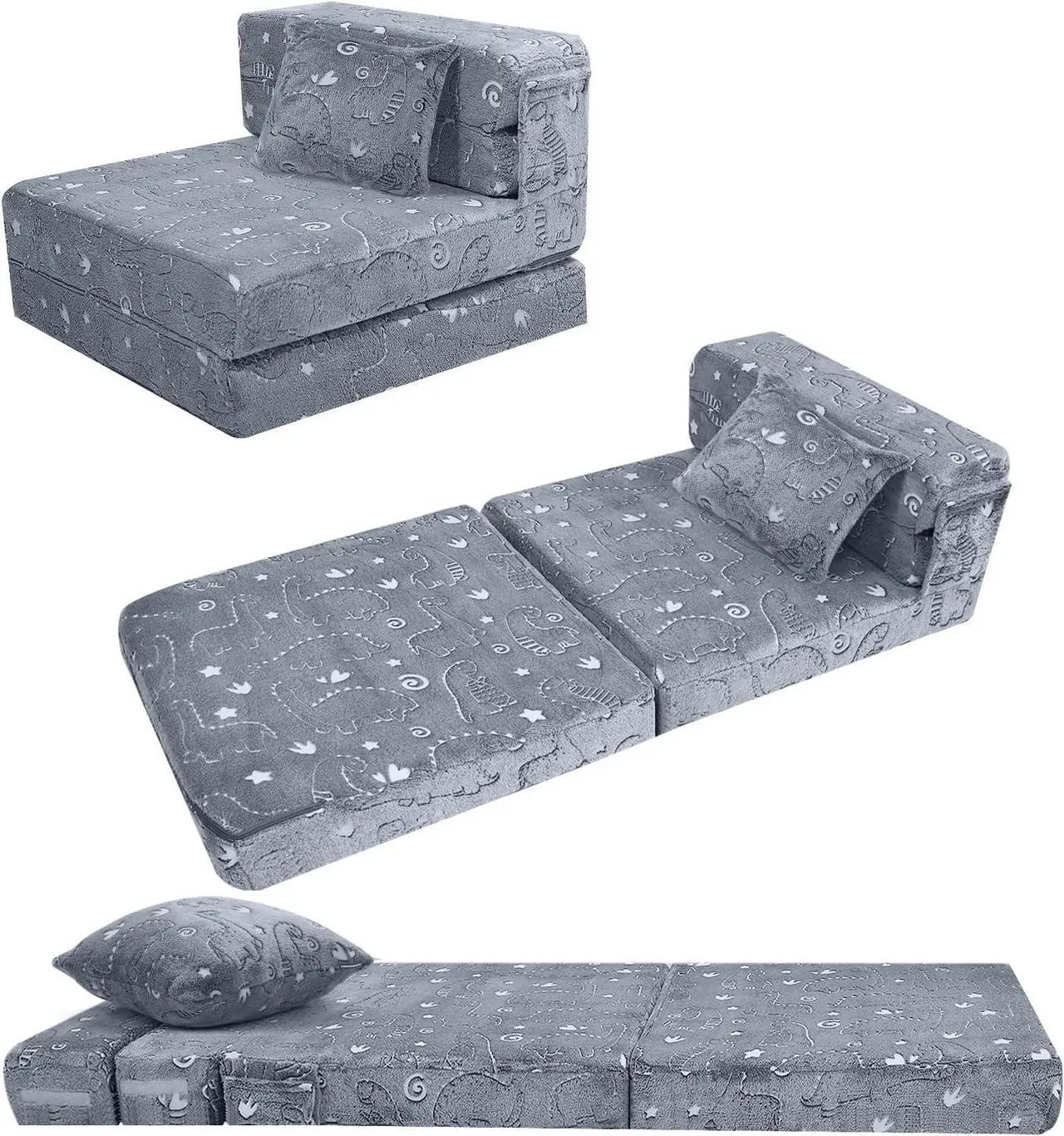 Main image of MeMoreCool Kids Floor Mattress Glow in The Dark, Convertible Sofa Couch, Folding Futon Chair Bed Sleeper for Baby Playroom (Glowing Dinosaur)