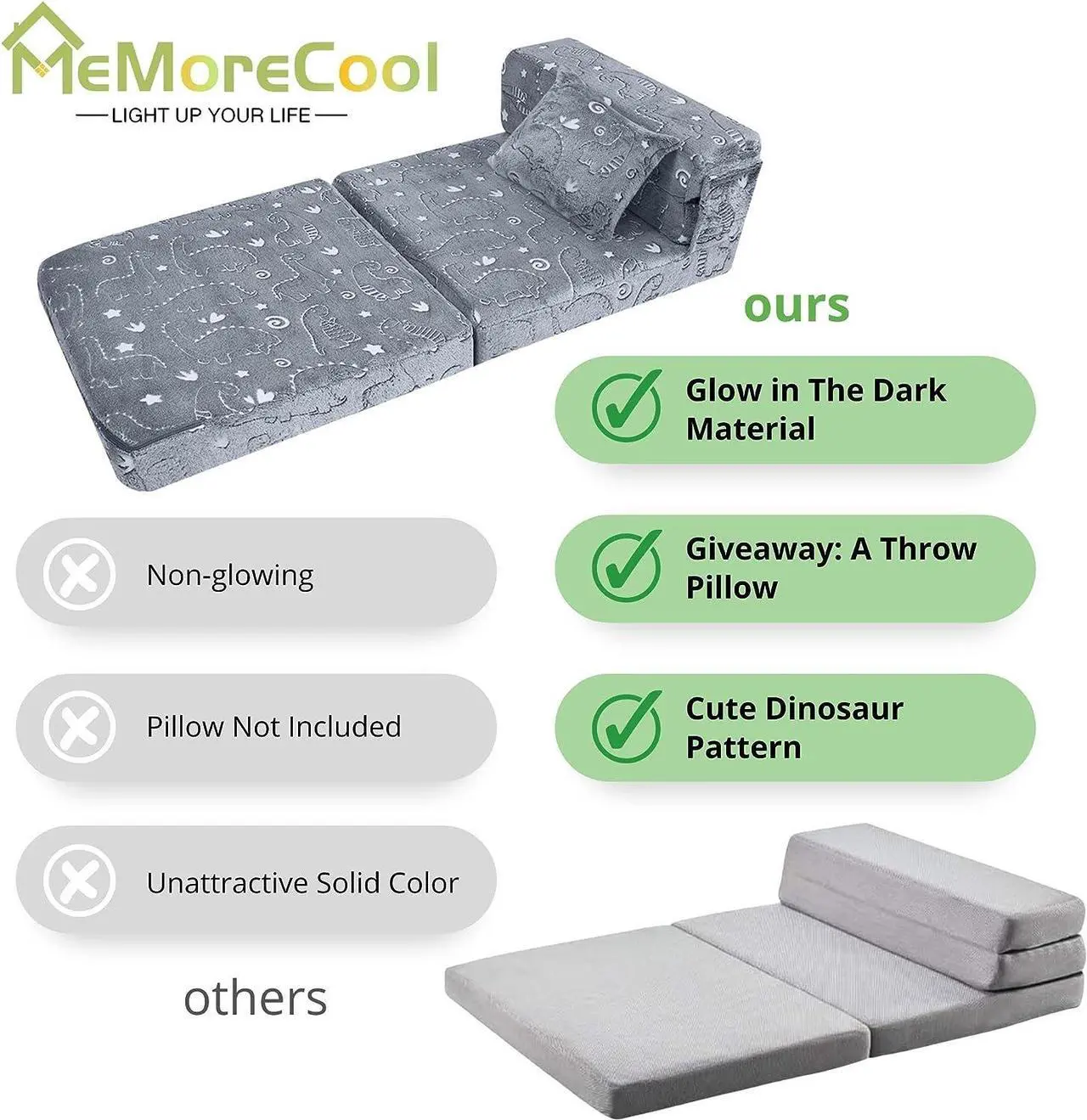 Alt view image 5 of 7 - MeMoreCool Kids Floor Mattress Glow in The Dark, Convertible Sofa Couch, Folding Futon Chair Bed Sleeper for Baby Playroom (Glowing Dinosaur)
