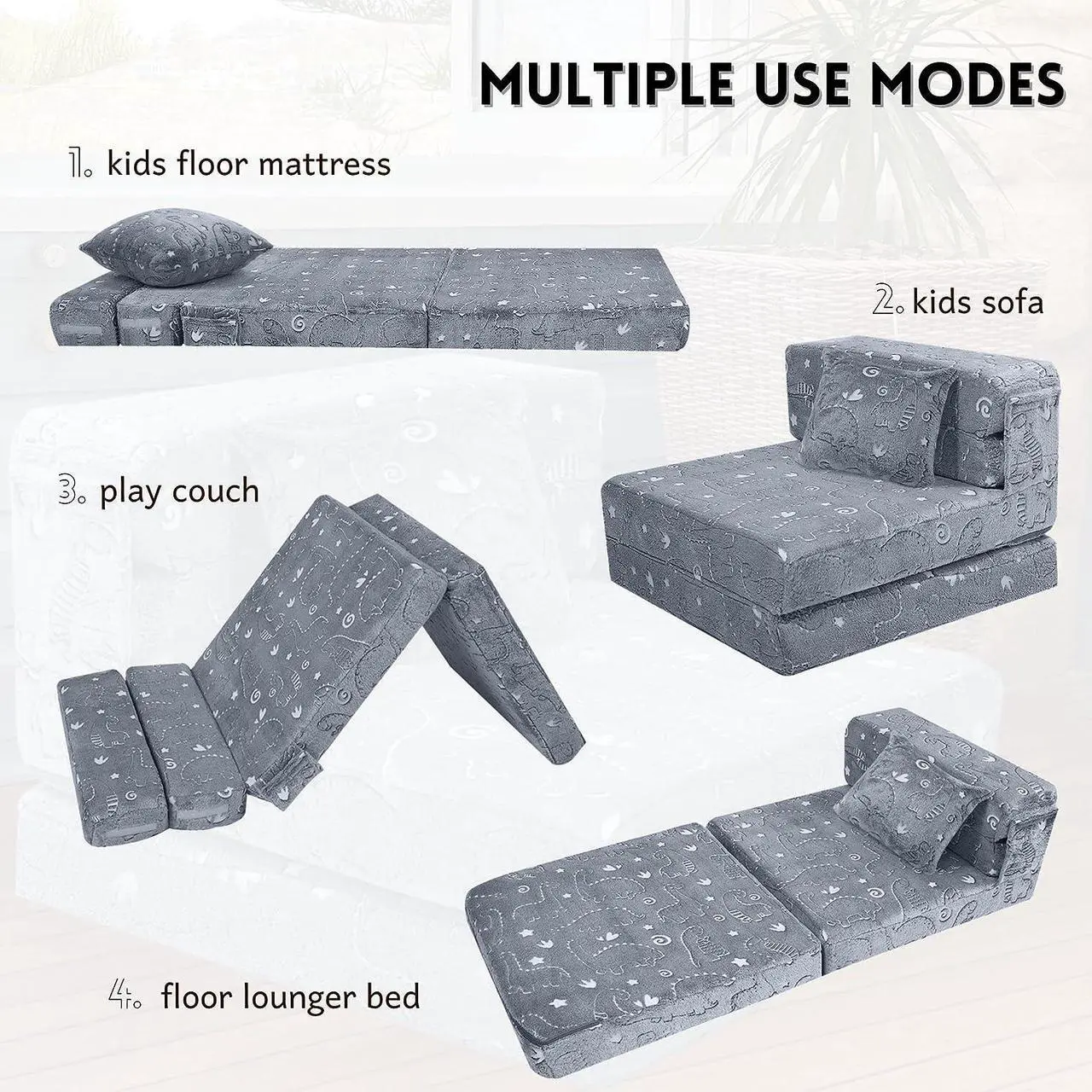 Alt view image 6 of 7 - MeMoreCool Kids Floor Mattress Glow in The Dark, Convertible Sofa Couch, Folding Futon Chair Bed Sleeper for Baby Playroom (Glowing Dinosaur)