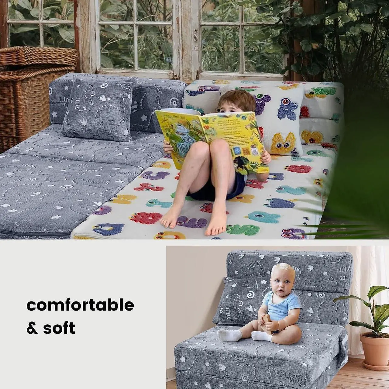 Alt view image 7 of 7 - MeMoreCool Kids Floor Mattress Glow in The Dark, Convertible Sofa Couch, Folding Futon Chair Bed Sleeper for Baby Playroom (Glowing Dinosaur)