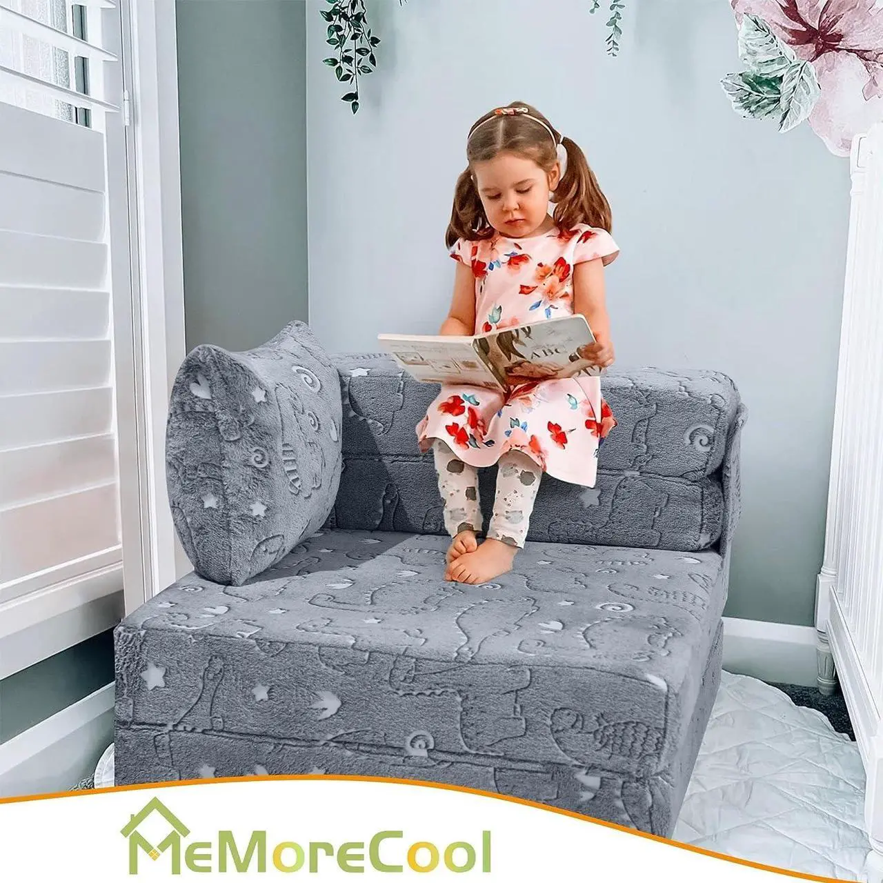 Alt view image 2 of 7 - MeMoreCool Kids Floor Mattress Glow in The Dark, Convertible Sofa Couch, Folding Futon Chair Bed Sleeper for Baby Playroom (Glowing Dinosaur)