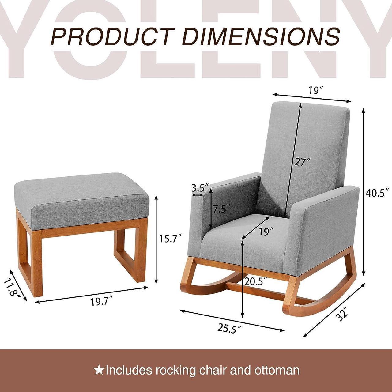 Alt view image 2 of 7 - YOLENY Rocking Chair with Footstool, Upholstered Nursery Glider Rocker, Modern Accent Rocking Lounge Chair, Comfy High Back, Linen Armchair, Grey, Welcome to consult