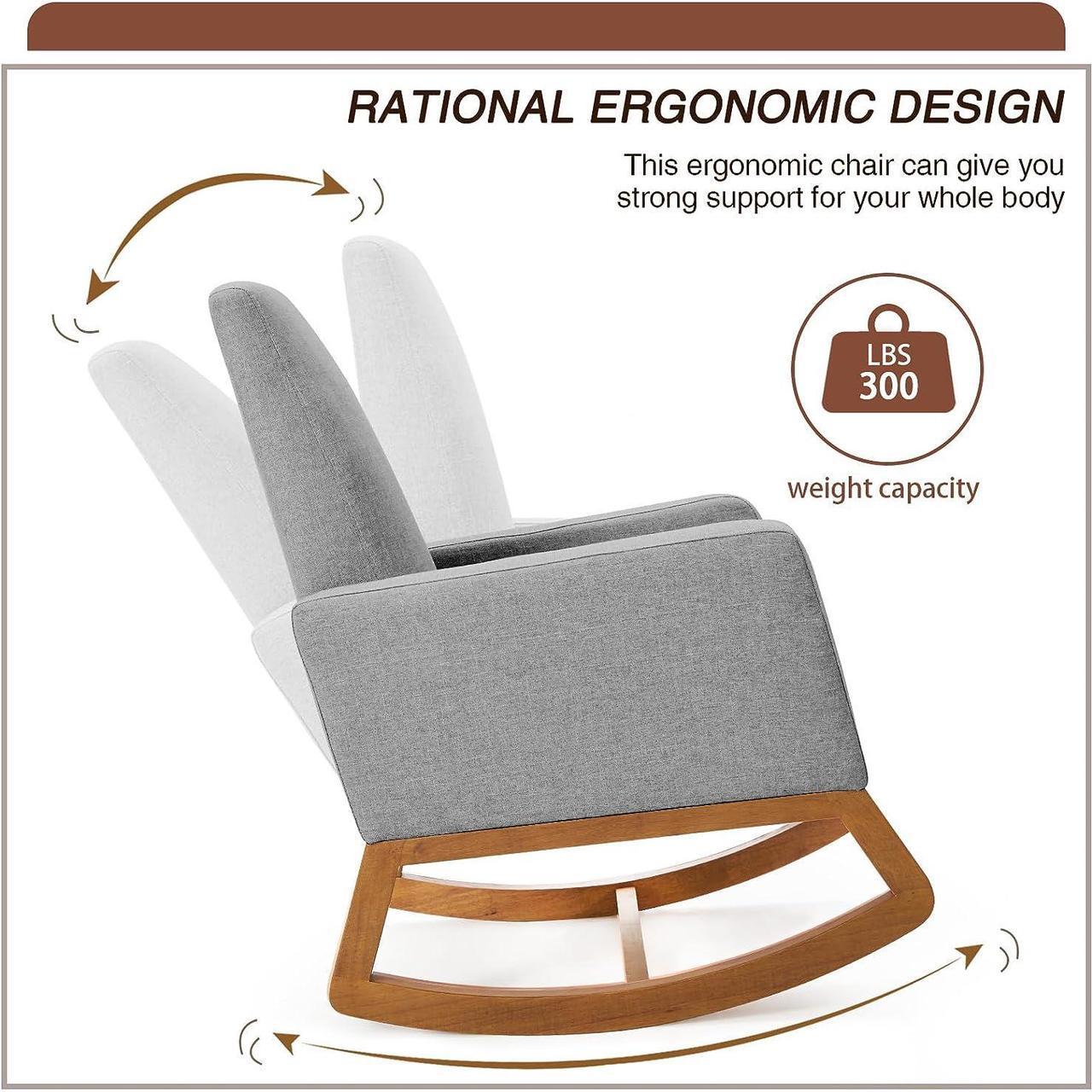 Alt view image 4 of 7 - YOLENY Rocking Chair with Footstool, Upholstered Nursery Glider Rocker, Modern Accent Rocking Lounge Chair, Comfy High Back, Linen Armchair, Grey, Welcome to consult