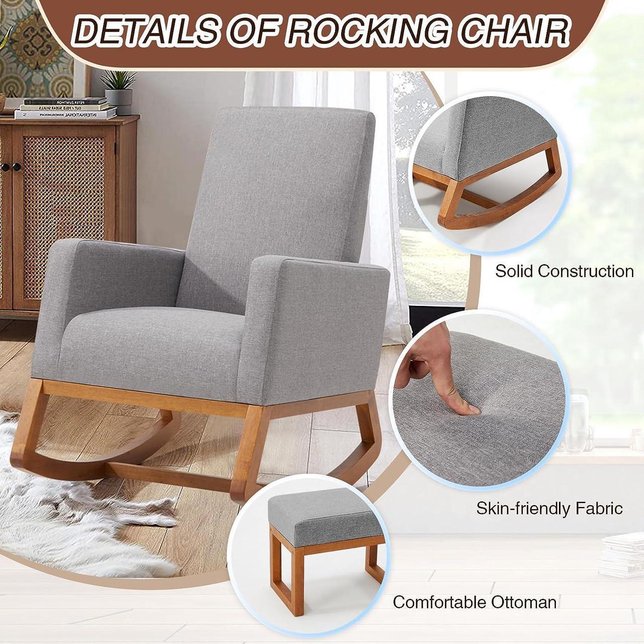 Alt view image 3 of 7 - YOLENY Rocking Chair with Footstool, Upholstered Nursery Glider Rocker, Modern Accent Rocking Lounge Chair, Comfy High Back, Linen Armchair, Grey, Welcome to consult