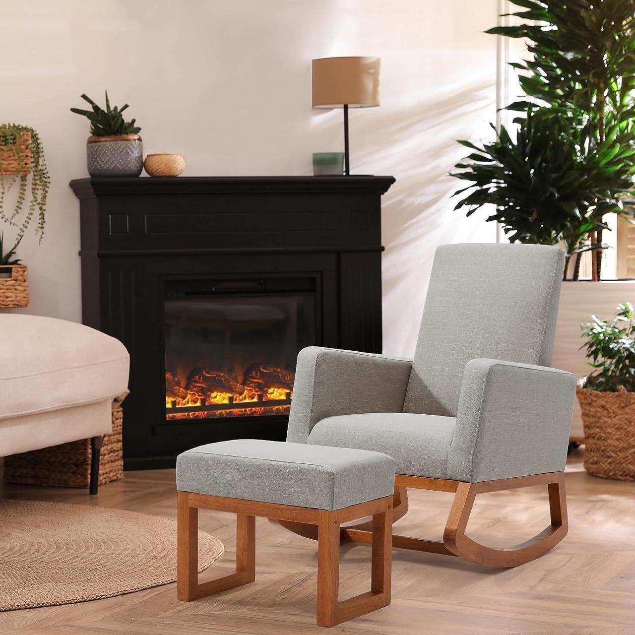 Alt view image 6 of 7 - YOLENY Rocking Chair with Footstool, Upholstered Nursery Glider Rocker, Modern Accent Rocking Lounge Chair, Comfy High Back, Linen Armchair, Grey, Welcome to consult