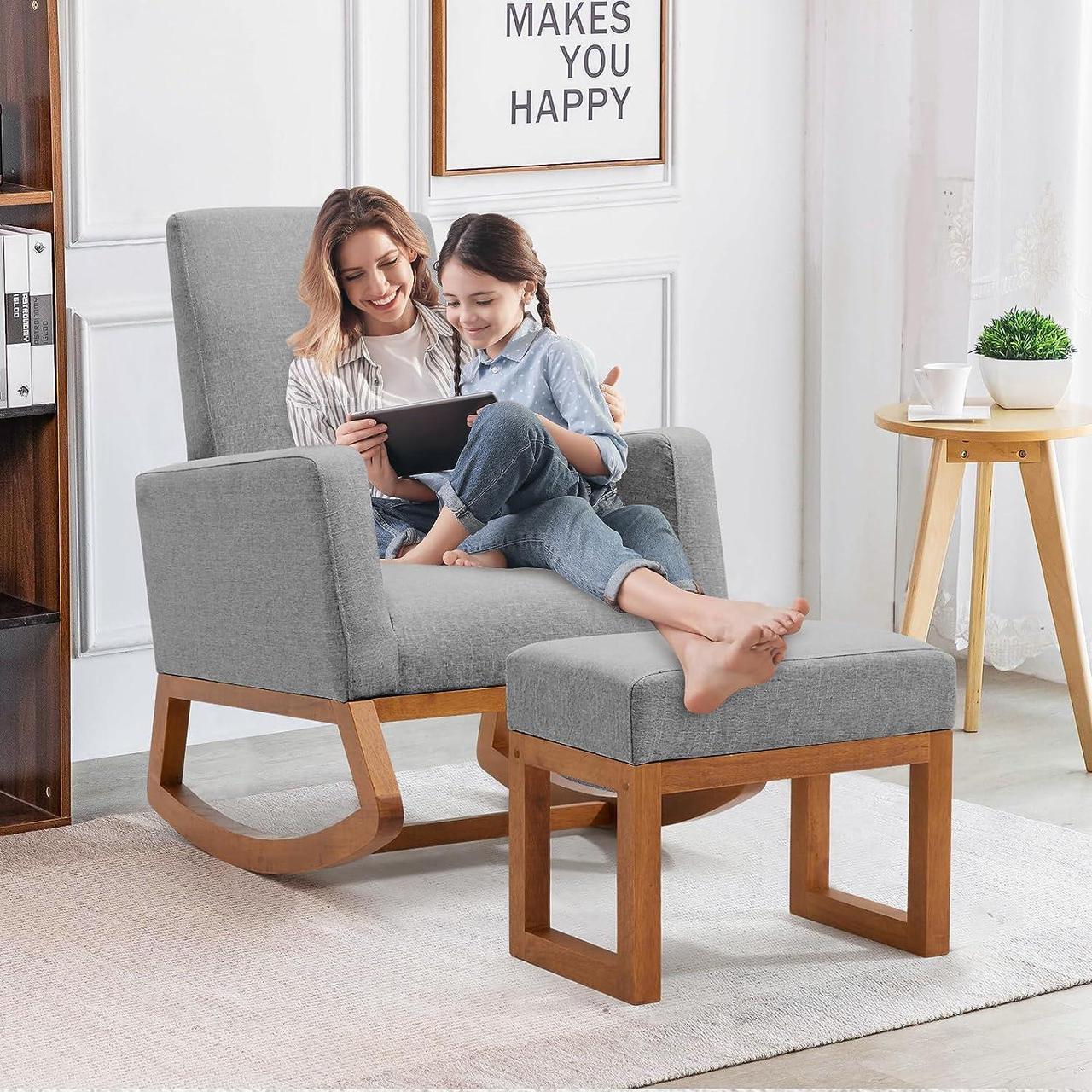Main image of YOLENY Rocking Chair with Footstool, Upholstered Nursery Glider Rocker, Modern Accent Rocking Lounge Chair, Comfy High Back, Linen Armchair, Grey, Welcome to consult