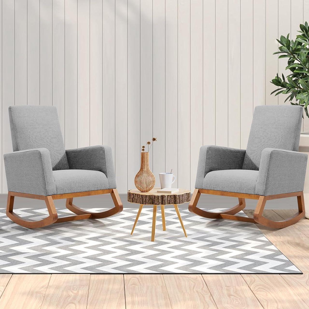 Alt view image 7 of 7 - YOLENY Rocking Chair with Footstool, Upholstered Nursery Glider Rocker, Modern Accent Rocking Lounge Chair, Comfy High Back, Linen Armchair, Grey, Welcome to consult