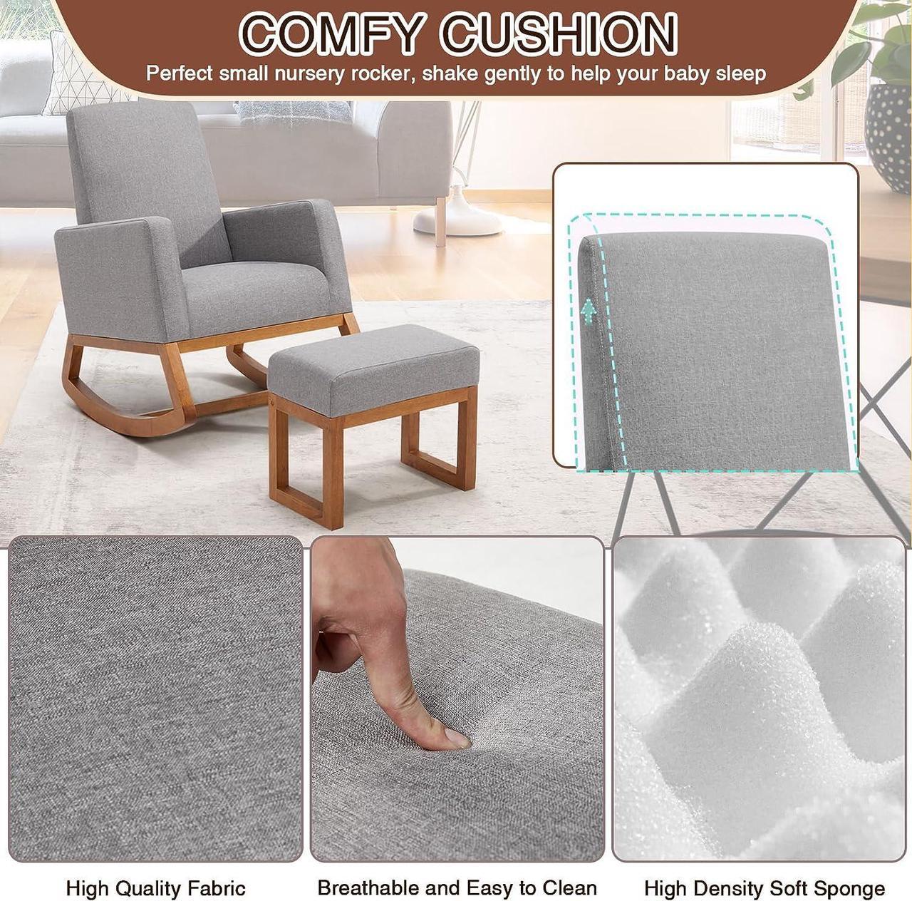 Alt view image 5 of 7 - YOLENY Rocking Chair with Footstool, Upholstered Nursery Glider Rocker, Modern Accent Rocking Lounge Chair, Comfy High Back, Linen Armchair, Grey, Welcome to consult