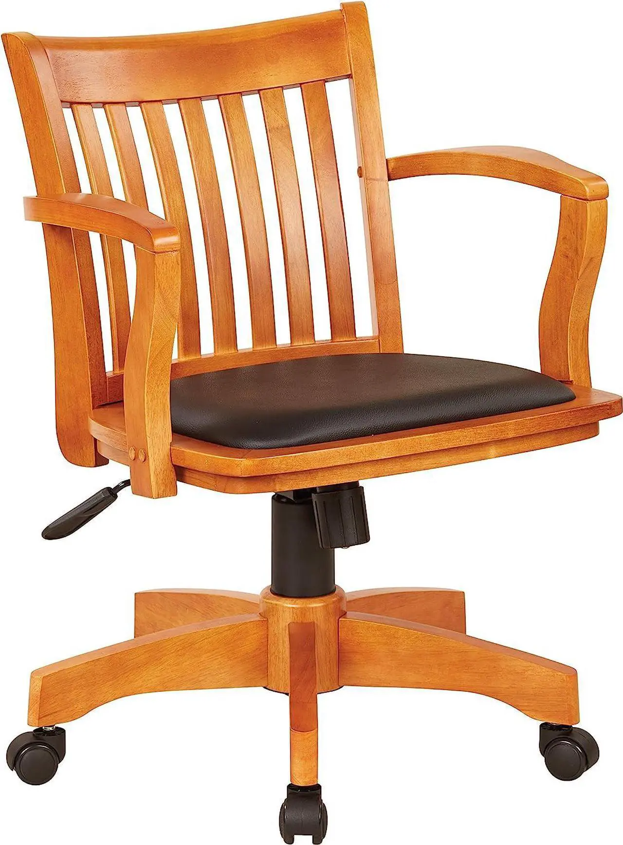 Main image of OSP Home Furnishings Deluxe Wood Banker's Desk Chair with Padded Seat, Adjustable Height and Locking Tilt, Fruitwood Finish and Black Vinyl, Welcome to consult