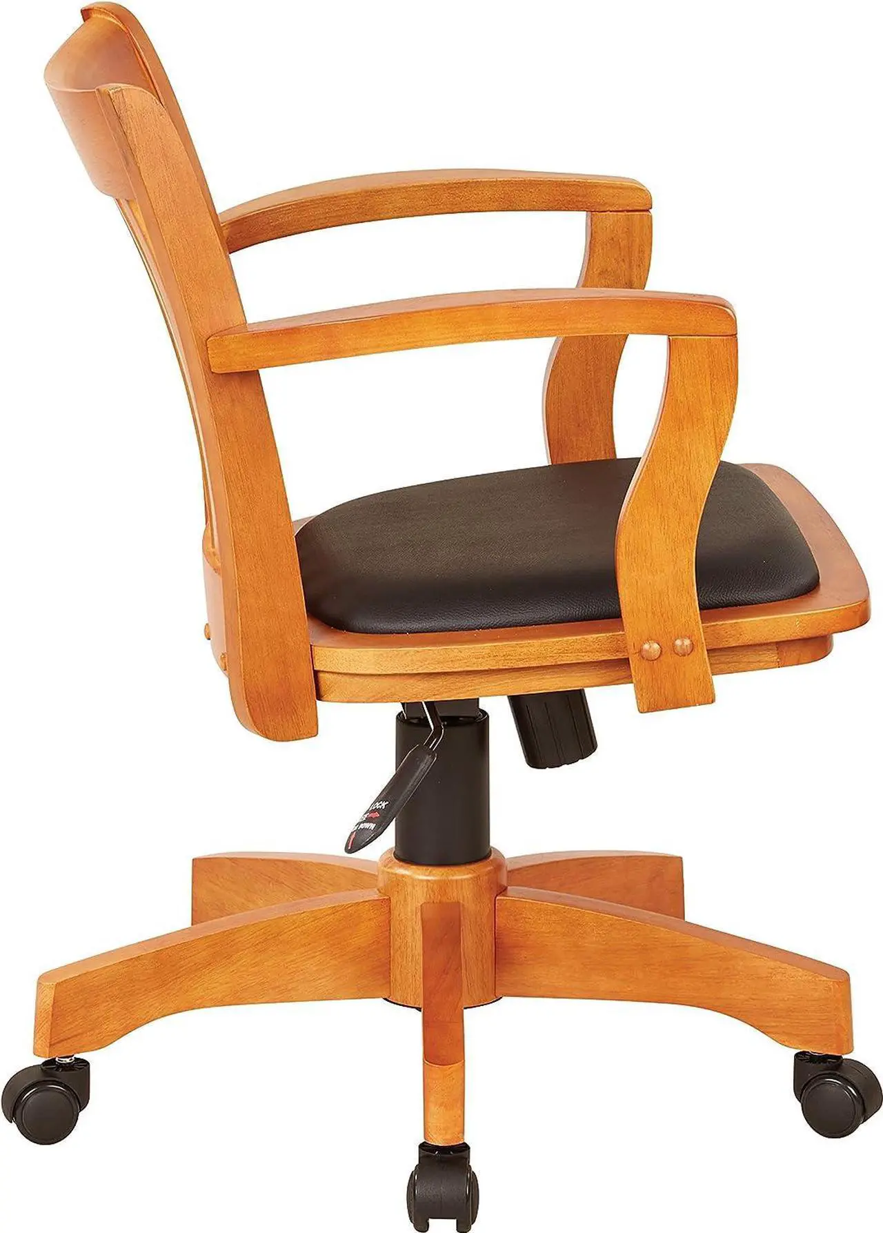 Alt view image 2 of 5 - OSP Home Furnishings Deluxe Wood Banker's Desk Chair with Padded Seat, Adjustable Height and Locking Tilt, Fruitwood Finish and Black Vinyl, Welcome to consult