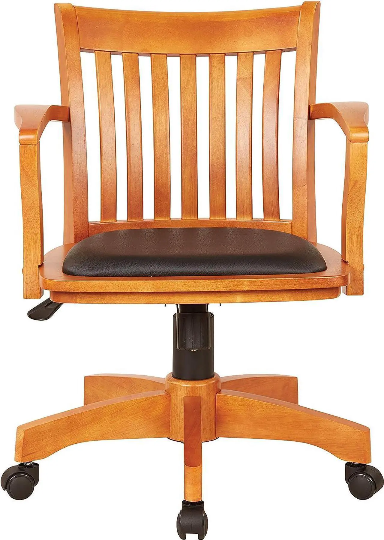 Alt view image 4 of 5 - OSP Home Furnishings Deluxe Wood Banker's Desk Chair with Padded Seat, Adjustable Height and Locking Tilt, Fruitwood Finish and Black Vinyl, Welcome to consult