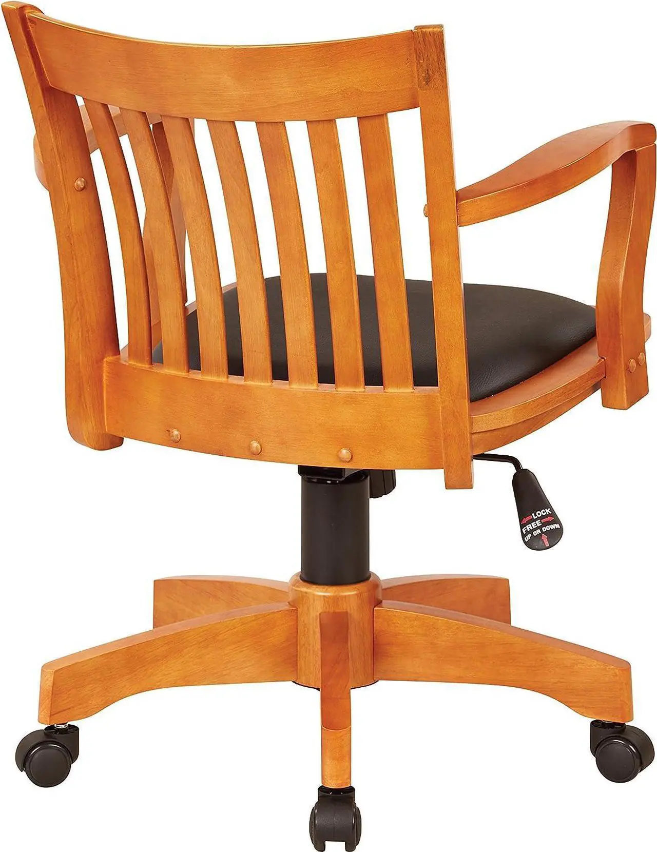 Alt view image 3 of 5 - OSP Home Furnishings Deluxe Wood Banker's Desk Chair with Padded Seat, Adjustable Height and Locking Tilt, Fruitwood Finish and Black Vinyl, Welcome to consult