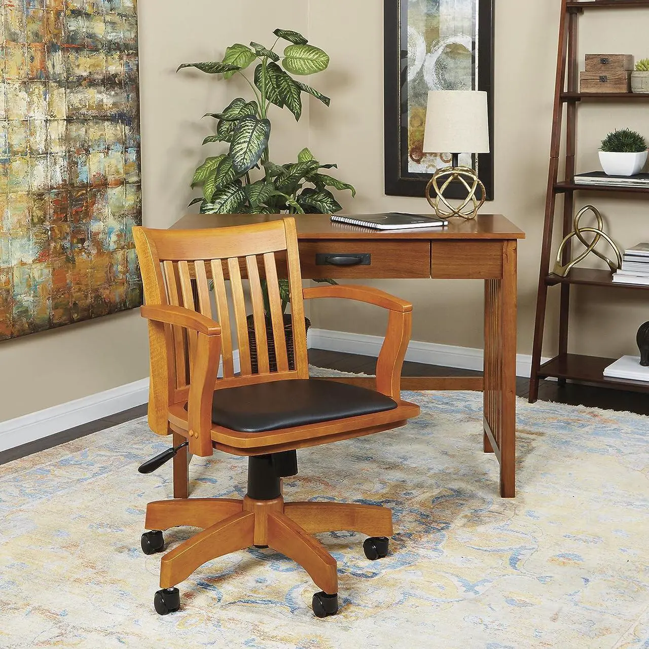 Alt view image 5 of 5 - OSP Home Furnishings Deluxe Wood Banker's Desk Chair with Padded Seat, Adjustable Height and Locking Tilt, Fruitwood Finish and Black Vinyl, Welcome to consult