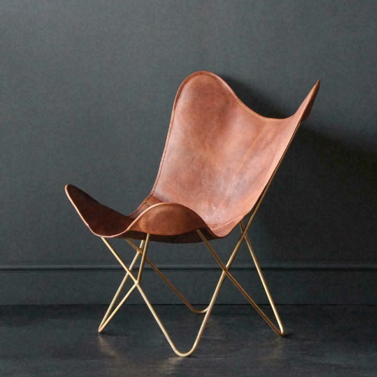 Alt view image 2 of 7 - Shy Shy Lets Touch The Sky Leather Living Room Chairs-Butterfly Chair Brown Leather Butterfly Chair-Handmade with Powder Coated Folding Iron Frame (Cover with Folding Frame) (Golden Frame)