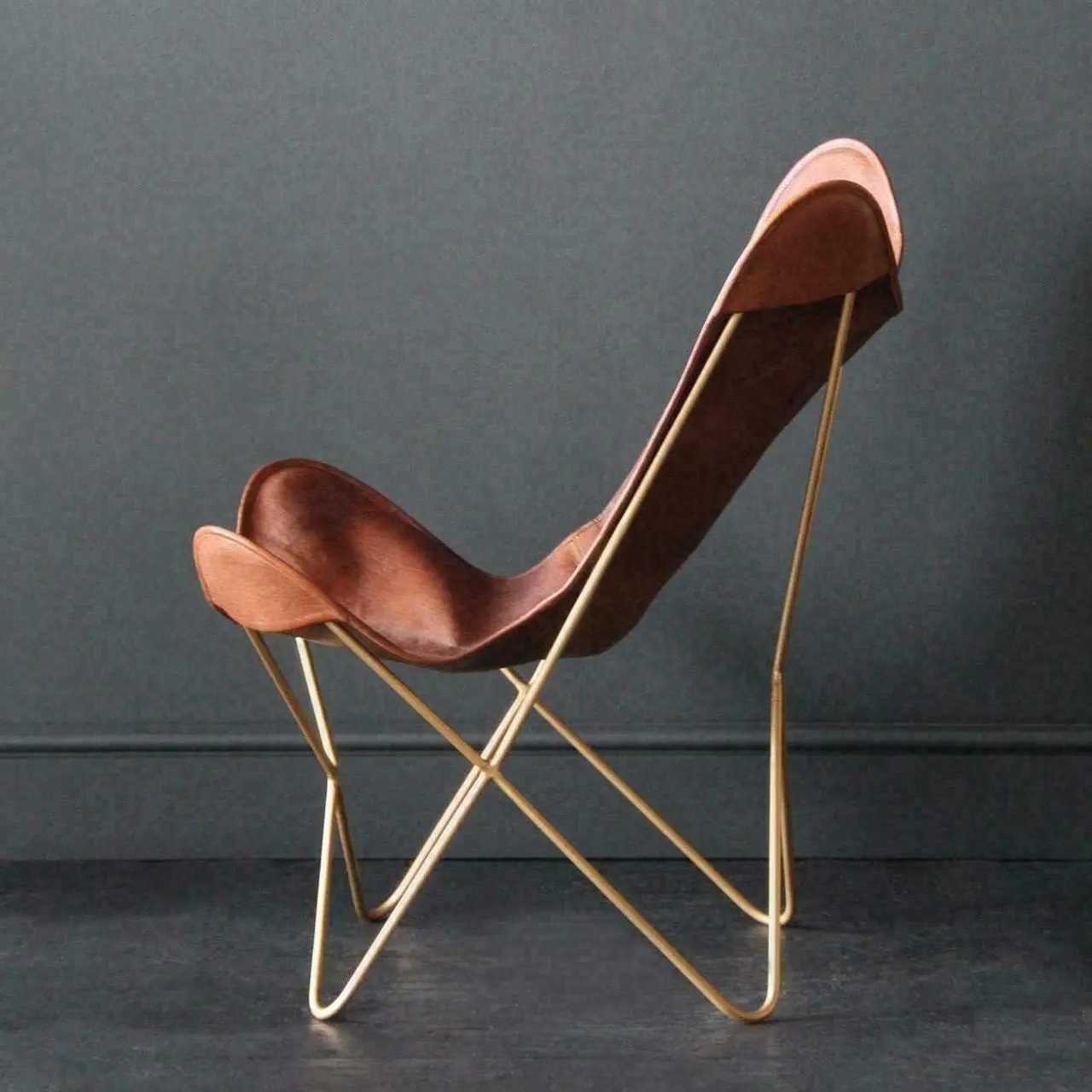 Alt view image 3 of 7 - Shy Shy Lets Touch The Sky Leather Living Room Chairs-Butterfly Chair Brown Leather Butterfly Chair-Handmade with Powder Coated Folding Iron Frame (Cover with Folding Frame) (Golden Frame)