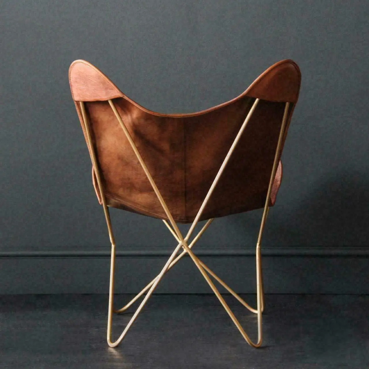 Alt view image 4 of 7 - Shy Shy Lets Touch The Sky Leather Living Room Chairs-Butterfly Chair Brown Leather Butterfly Chair-Handmade with Powder Coated Folding Iron Frame (Cover with Folding Frame) (Golden Frame)
